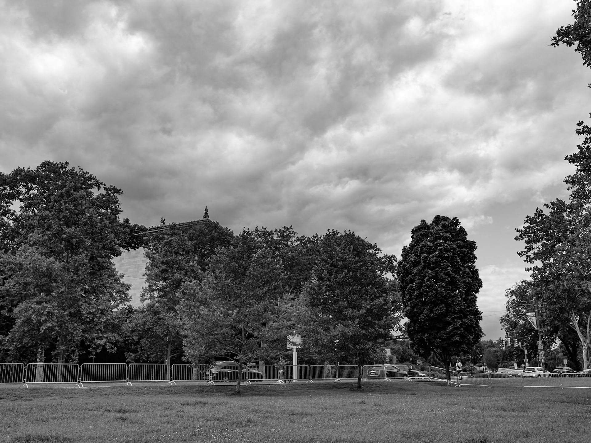 Approaching North Side of Art Museum on Cloudy Interval in Black and White August 2026