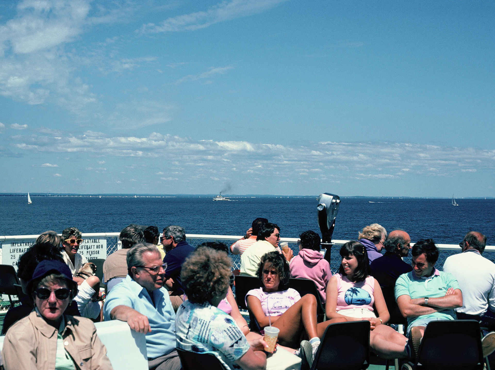 Passenger Sun Deck on Ferry with Telescope 1983 looking towards Bridgeport