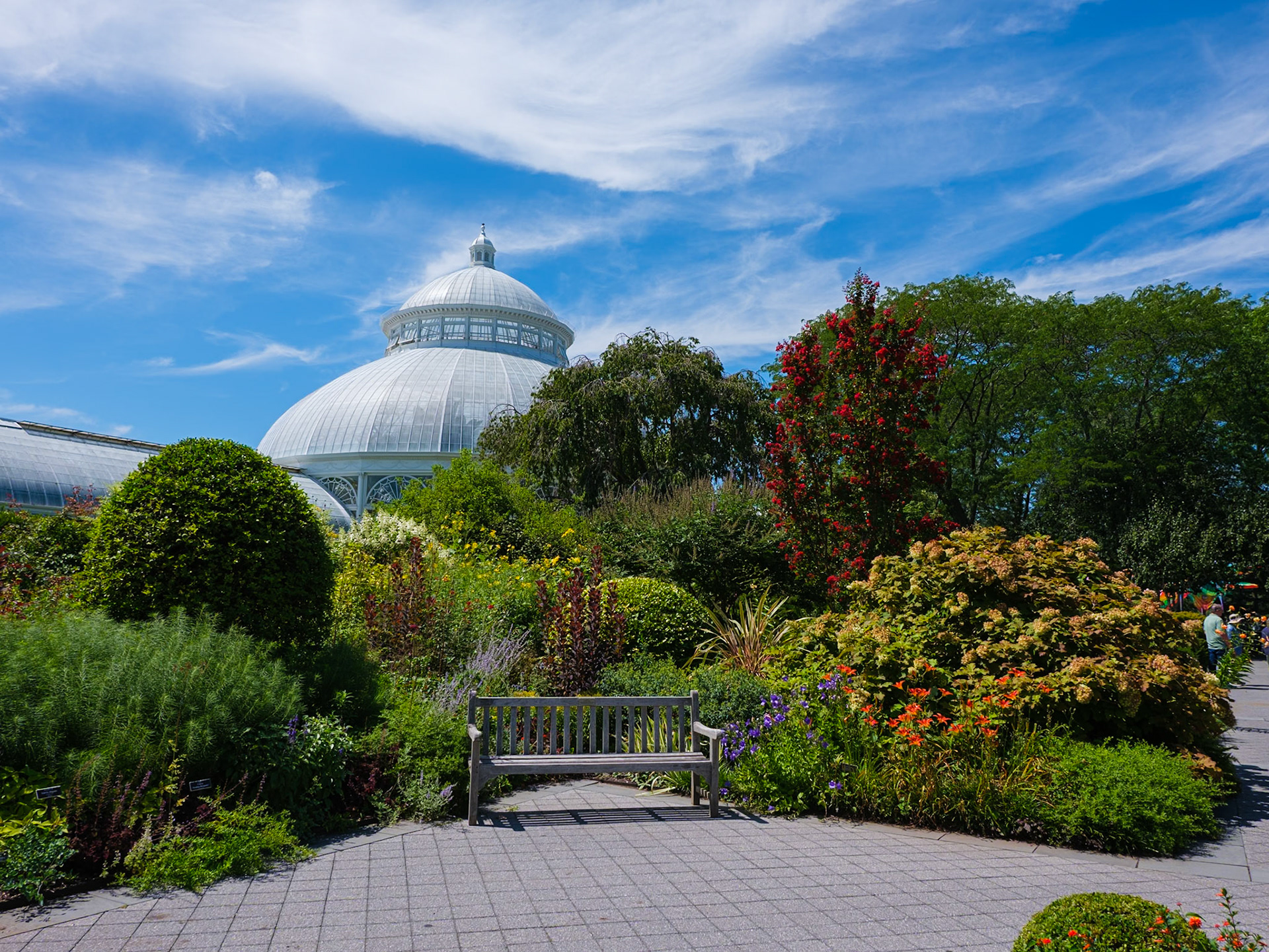 Perennial corner and dome of Conservatory at Botanical Garden