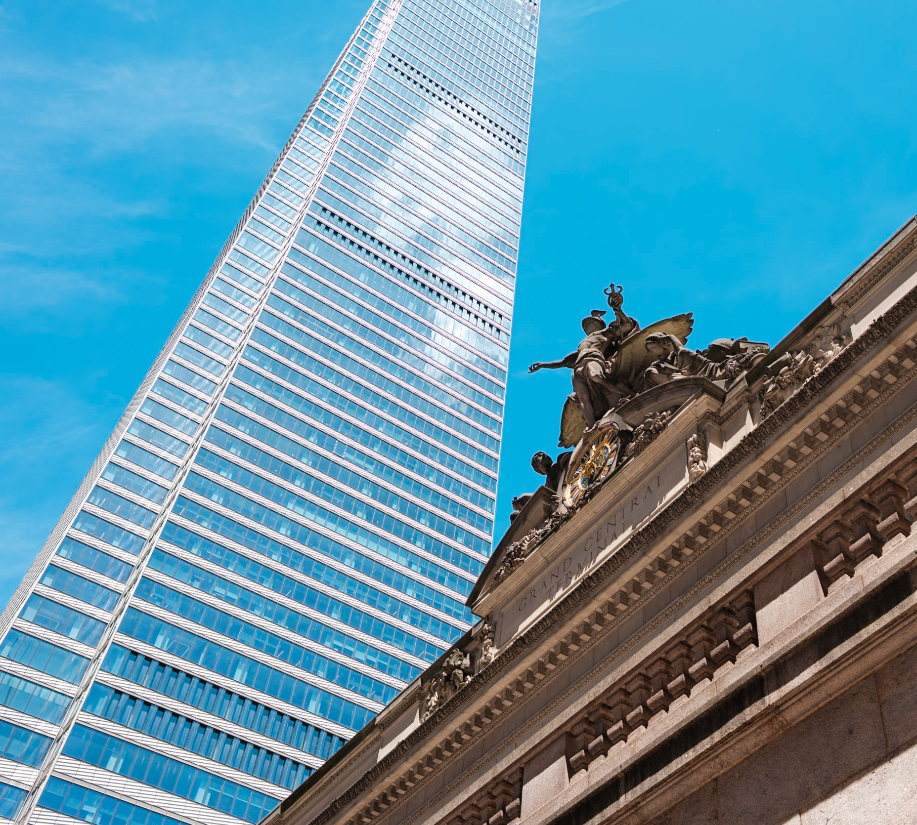 Grand Central Exterior with Mercury Statue and Nearby Vanderbilt Tower May 2025