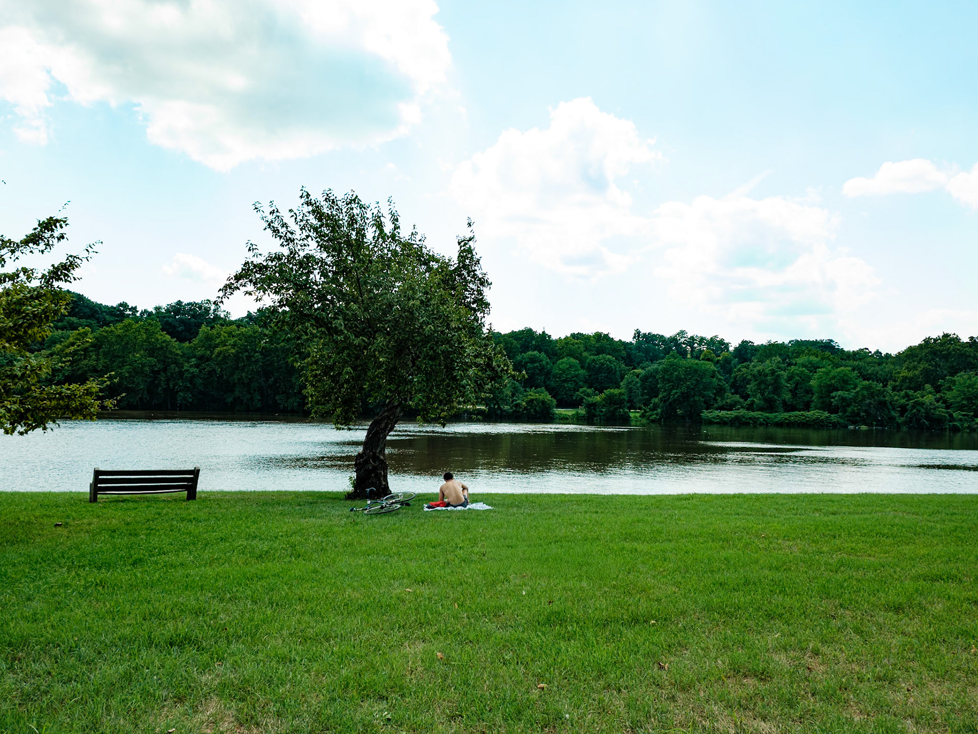 Cyclist Taking Rest at Fairmount Park Near Schuylkill river