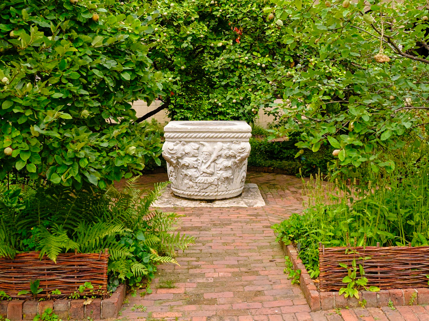 Stone Pot in Middle of Overlook Terrace at the Cloisters July 2024
