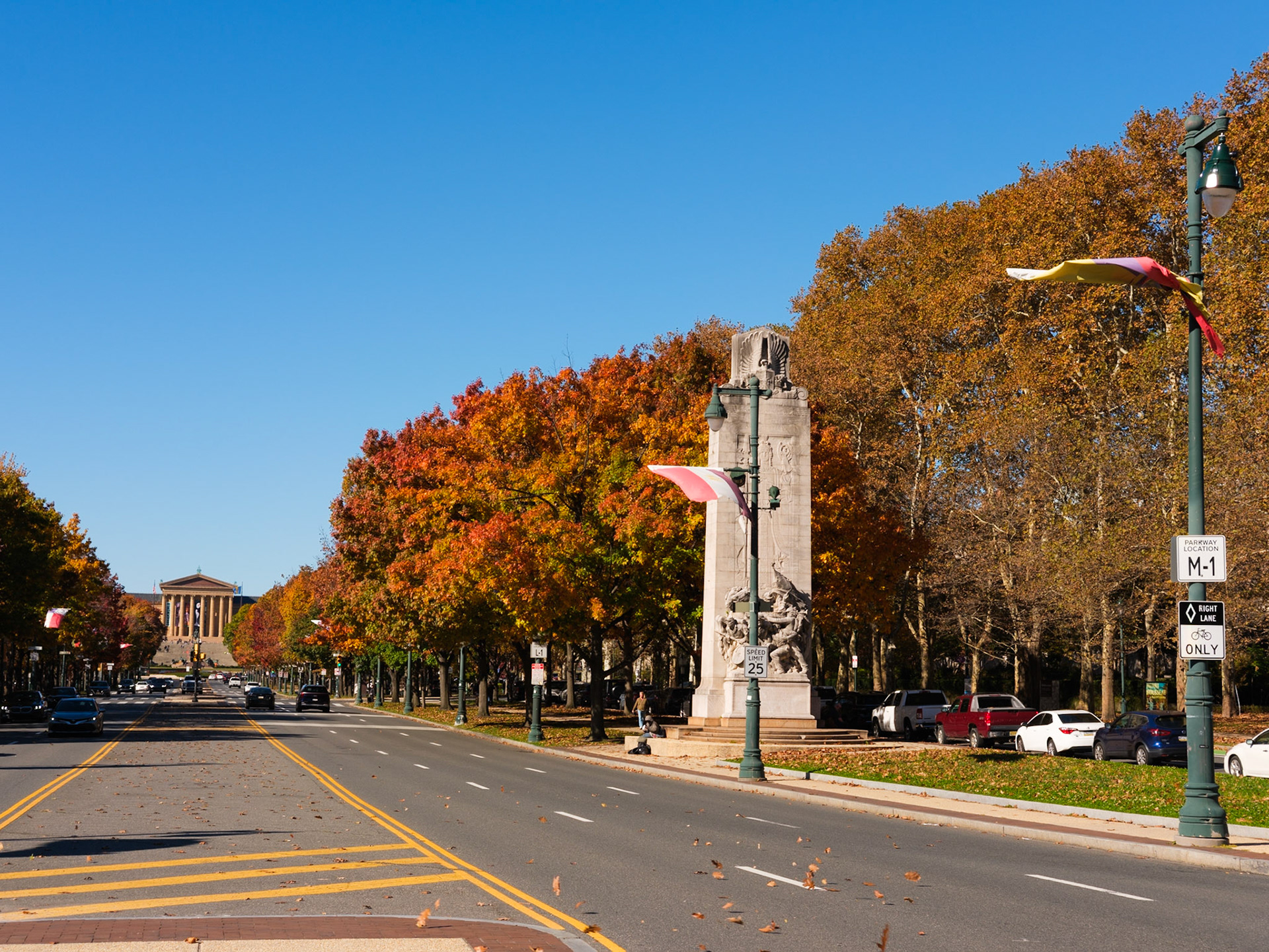 Fall Colors Near Pillarss with View of Art Museum