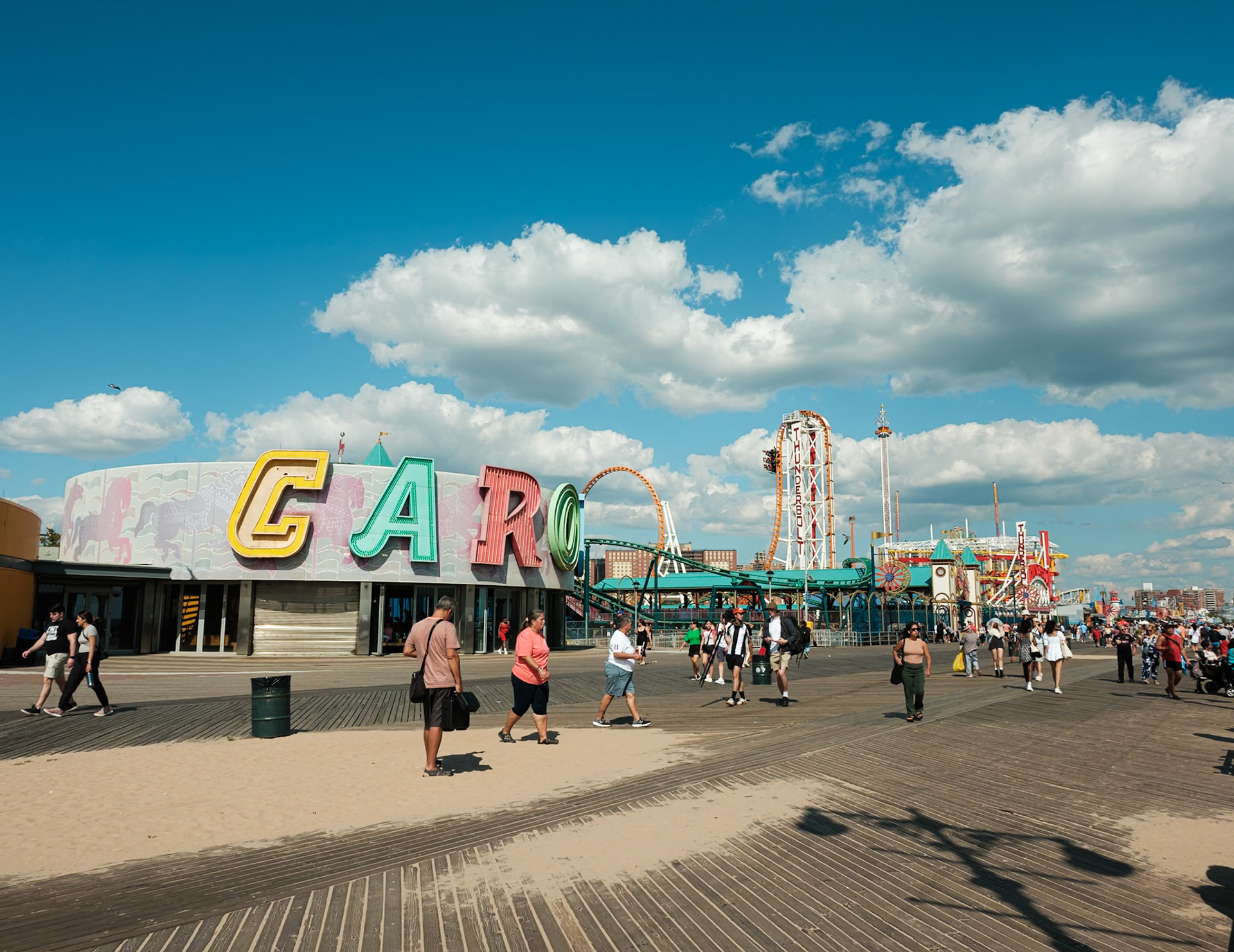 Carousel Sign and Thunderbolt Coaster in the Background on Coney Island September 2024