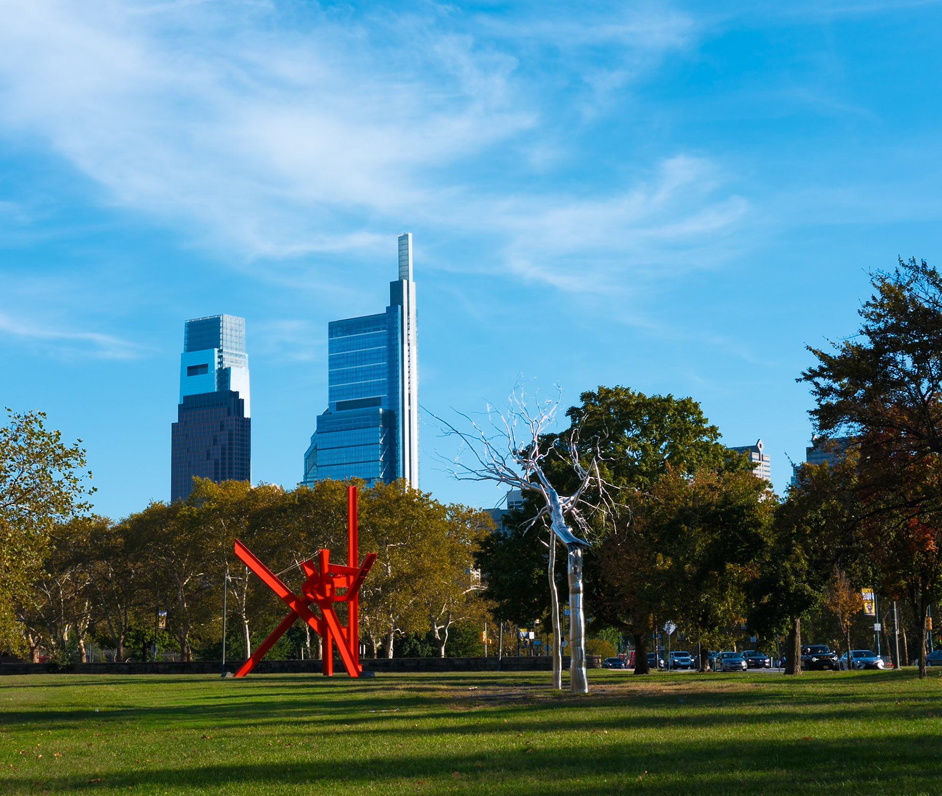 Steel sculpture and Comcast Towers from Fairmount