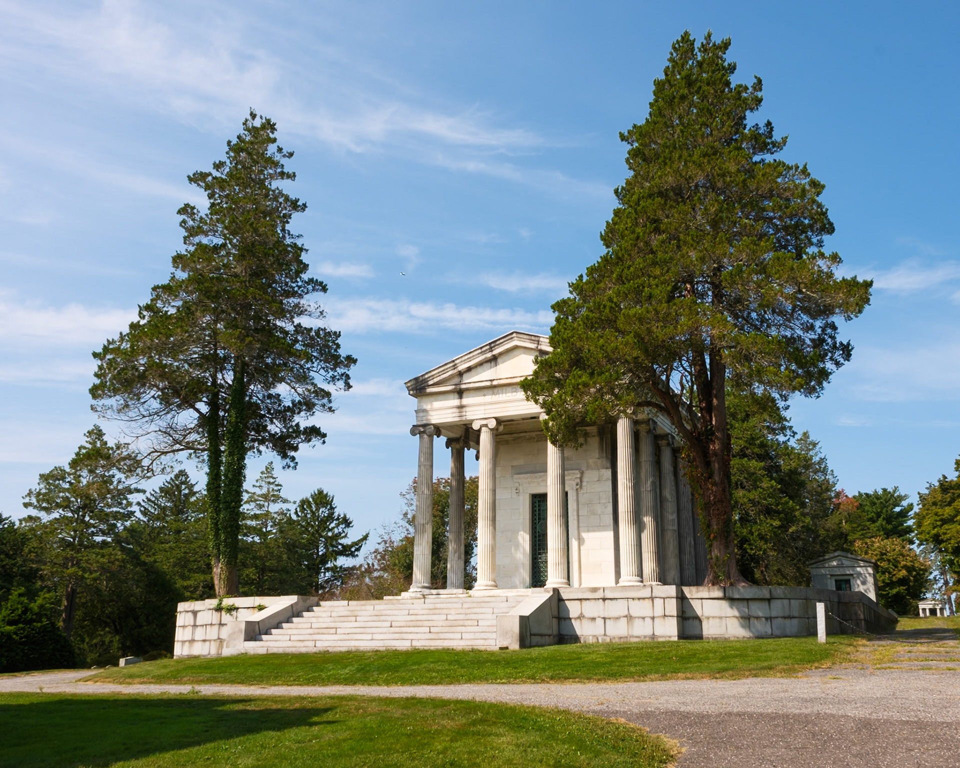 Milbank Mausoleum with Pine Trees Putnam Cemetery-Greenwich