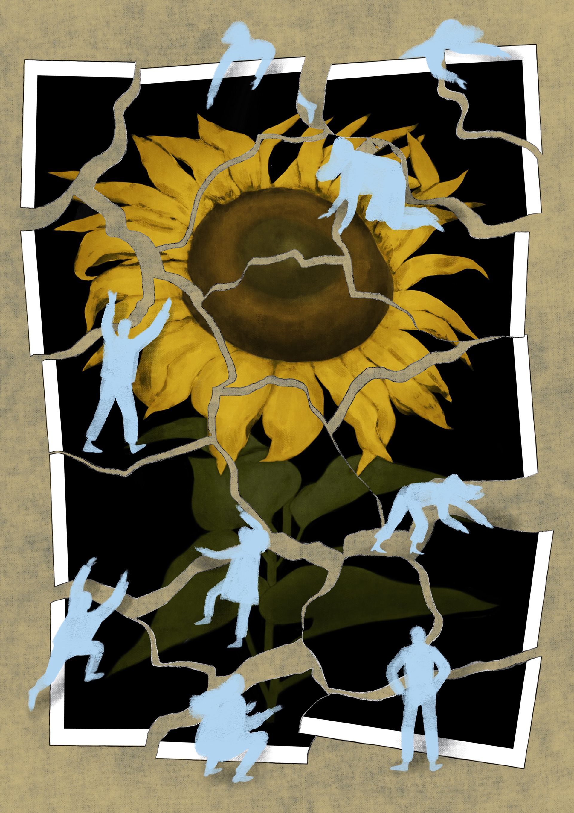 Editorial illustration for the July 2022 issue of Enlightened. "On the ground in Ukraine" presents an interview with Denys, a Ukrainian graduate who set up an NGO in his native country to supply those affected by the war with essential supplies. He talks about his motivations, the terrible price of war that he has been witnessing, and about the work he has been doing with his team of volunteers on the ground.