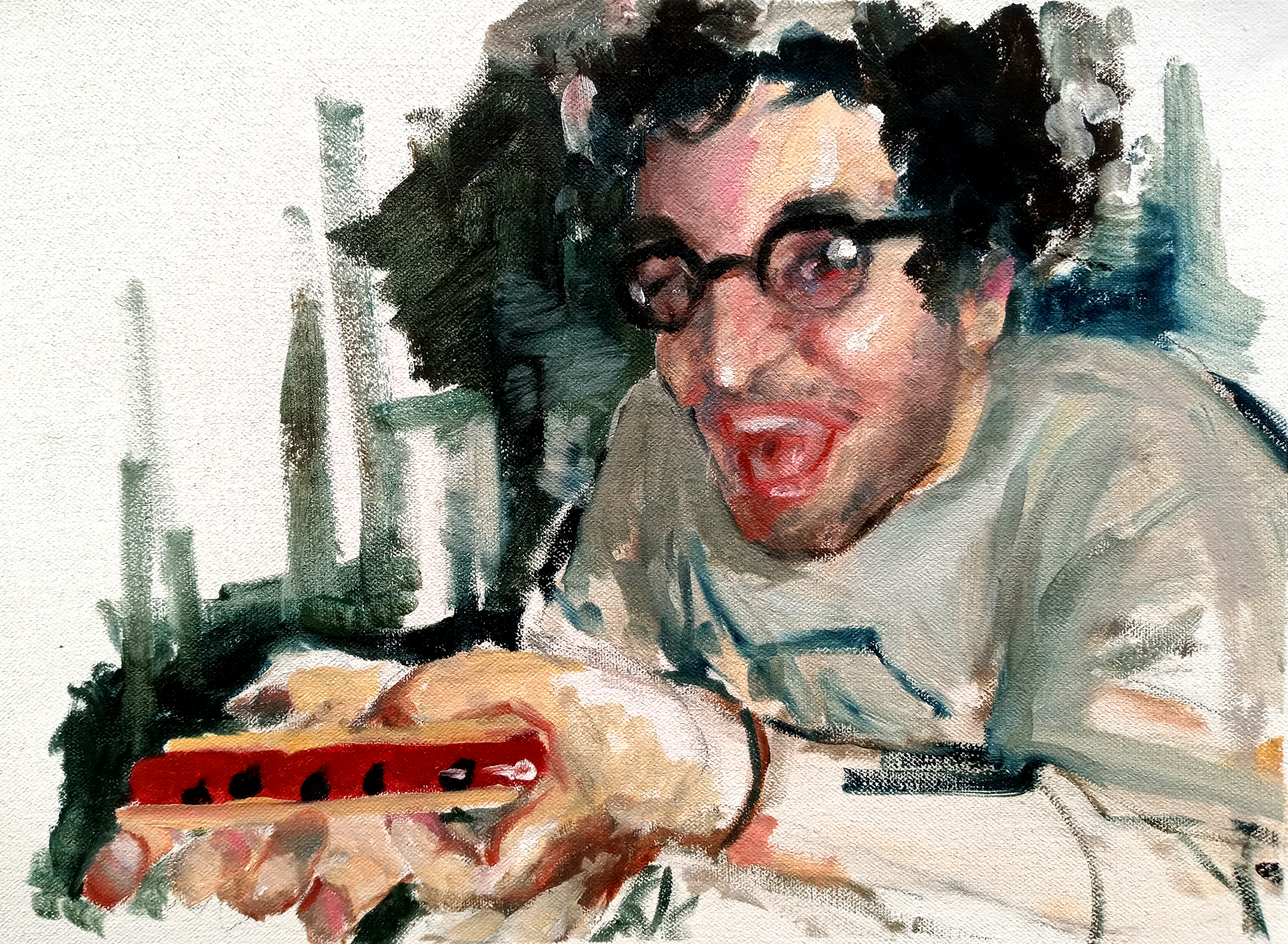 Elia and his hot dog s'more, oil on canvas, 8" x 10", 2021
