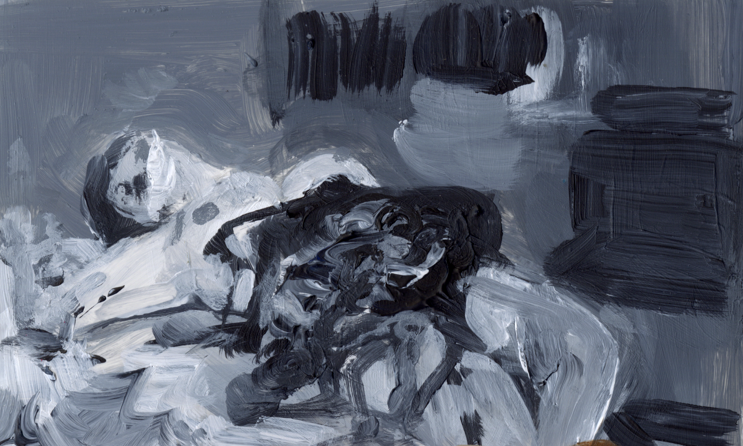 Man Bites Dog, acrylic on yupo, 3" x 4", 2021