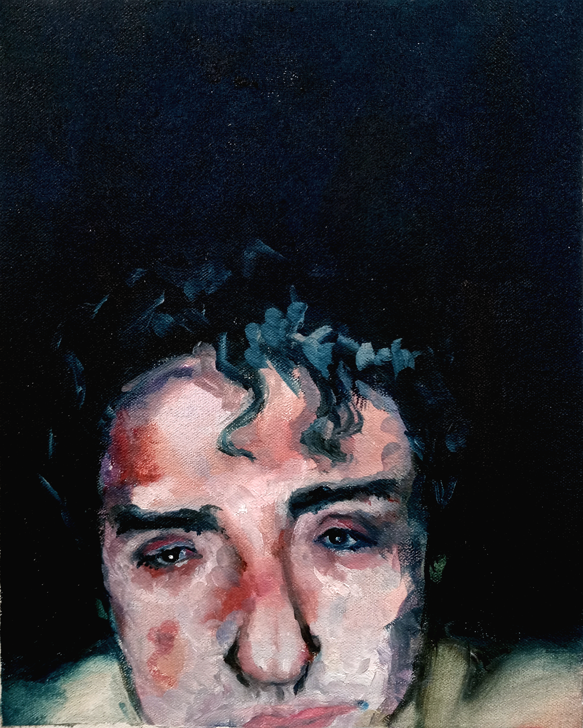 Selfie in bed, oil on canvas, 8" x 11", 2021