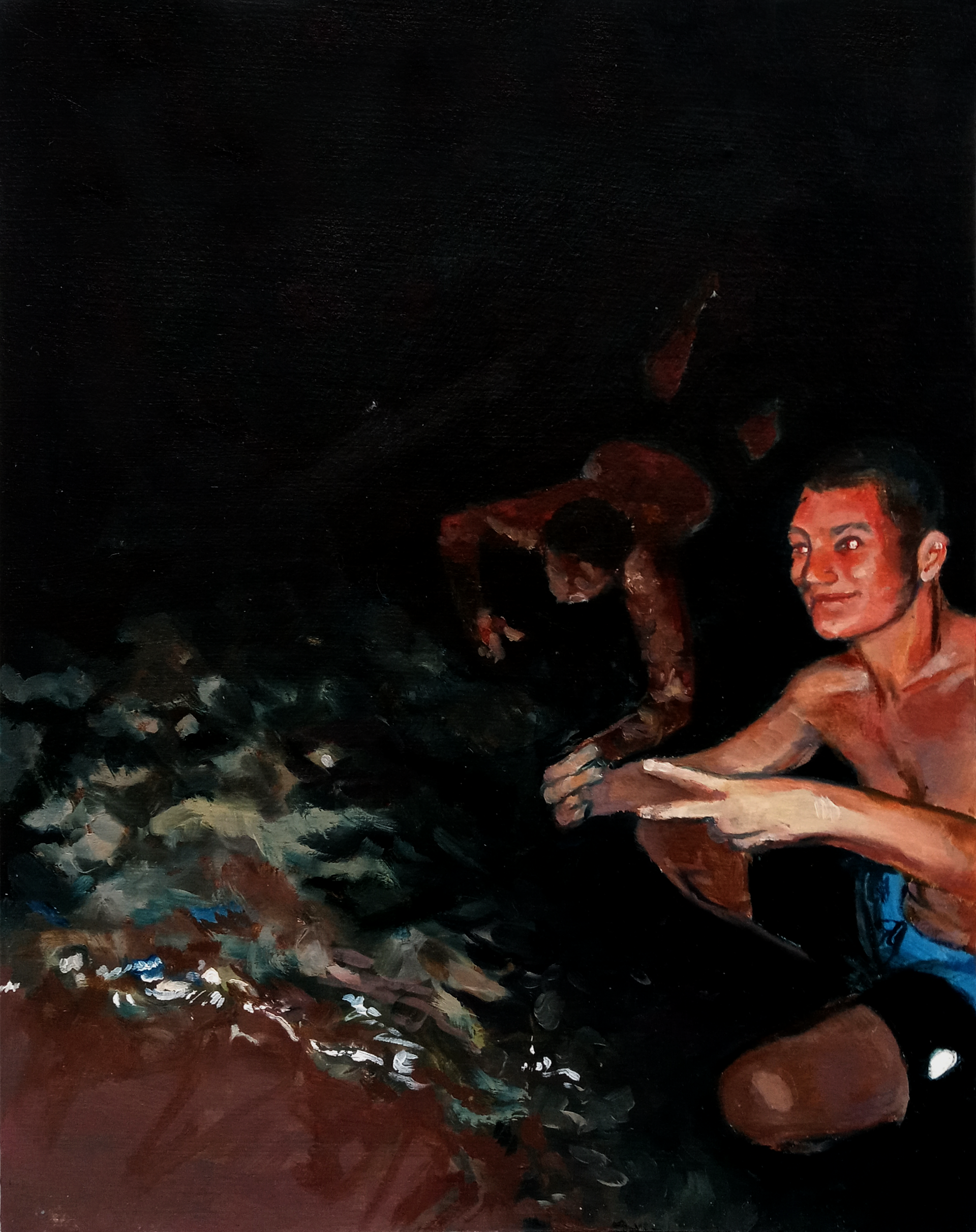 Guys being dudes, oil on paper mounted on panel, 11" x 14", 2022