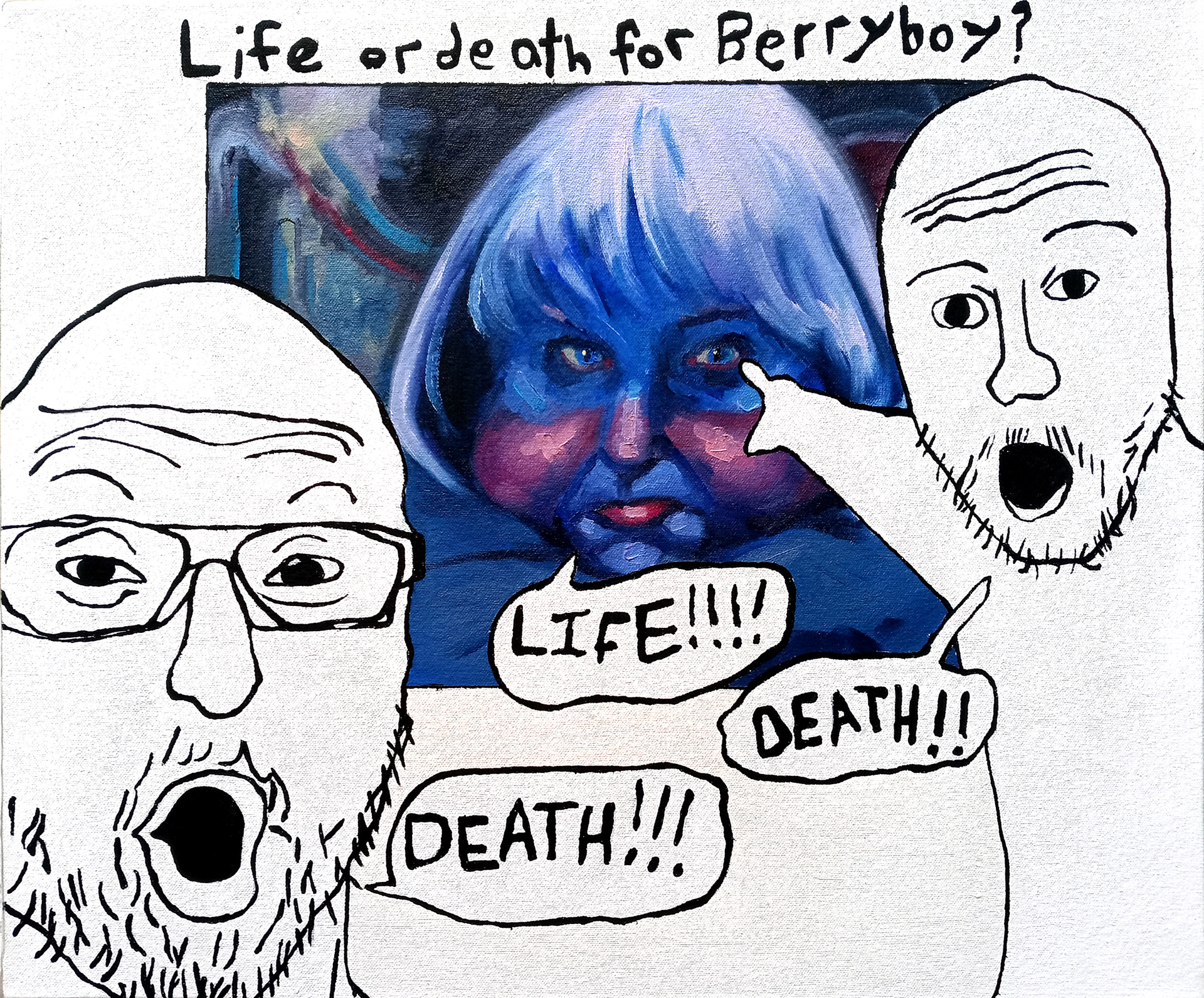 Life or death for Berryboy?, oil and acrylic on canvas, 16, x 20, 2024