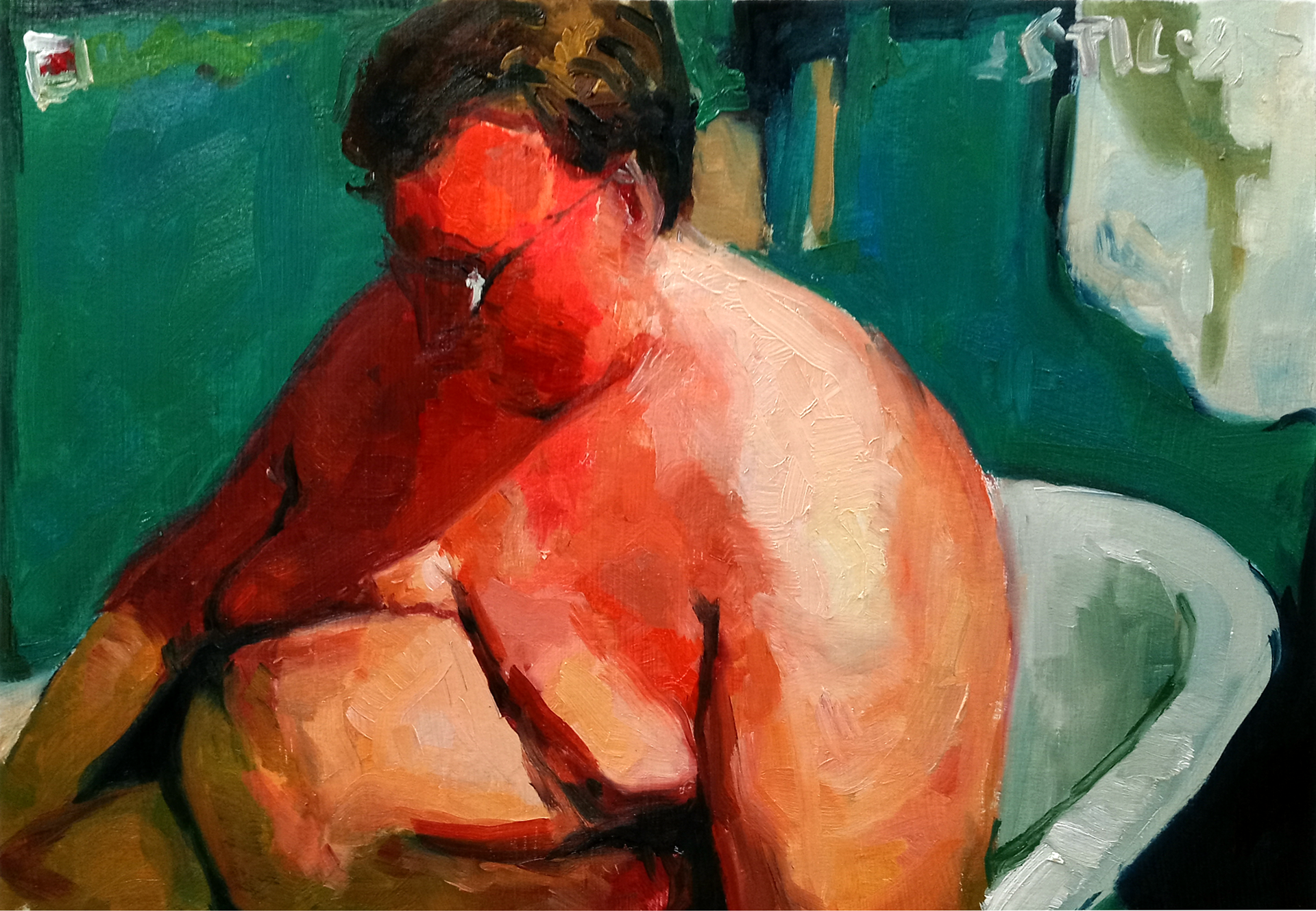 Fatman vomit in bath, oil on paper, 9.5” x 7”, 2022