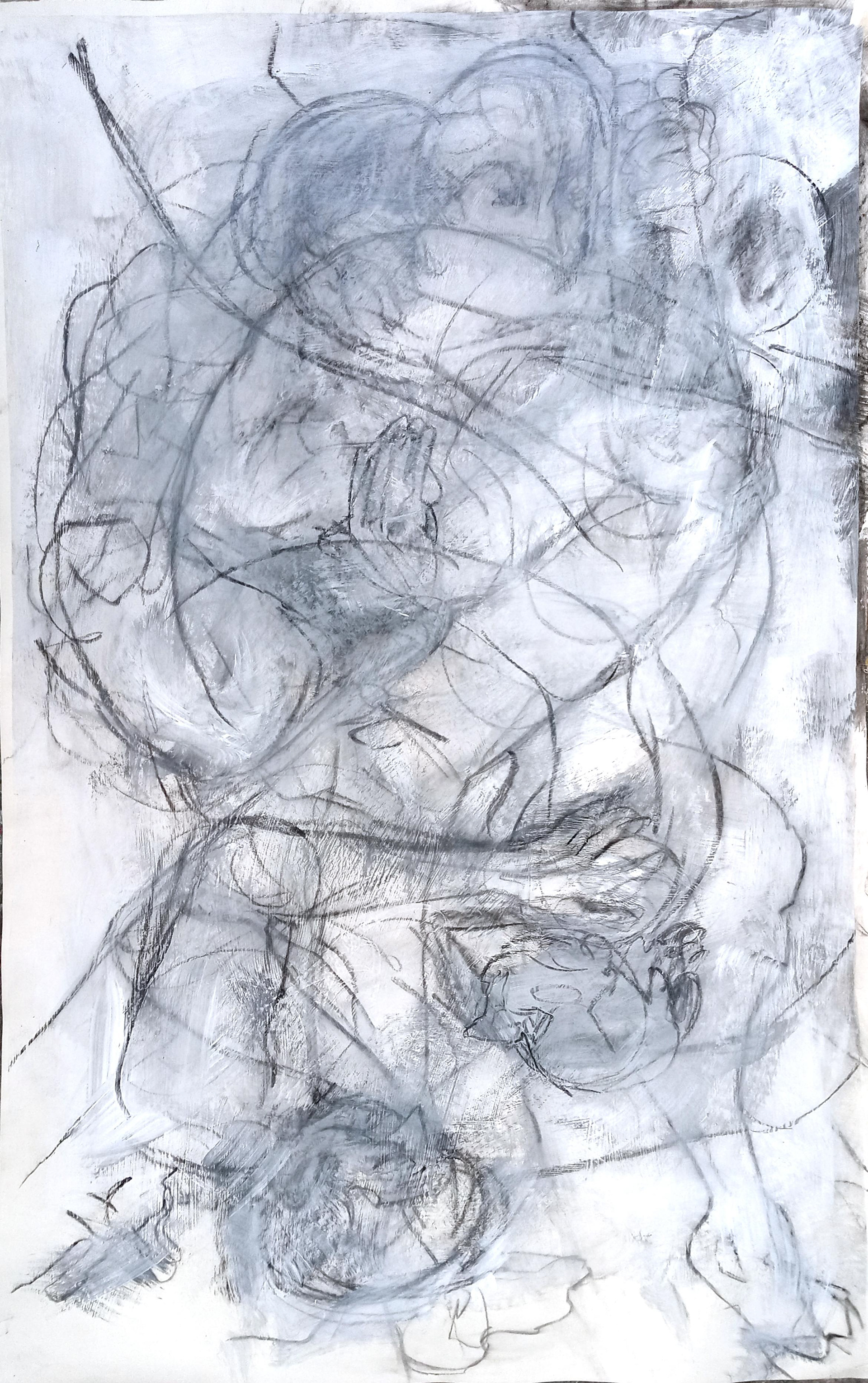 Figures in Motion, 2021, charcoal and gesso on paper, 4' x 5;