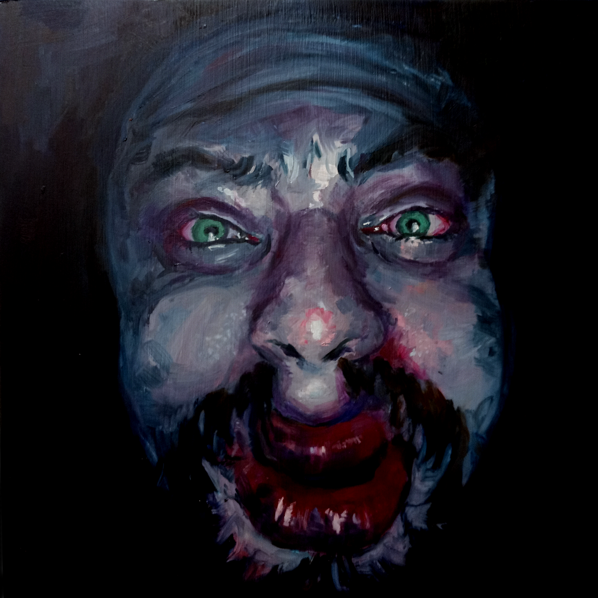 Pooping and shitting, oil on panel, 14" x 14", 2022 [SOLD]