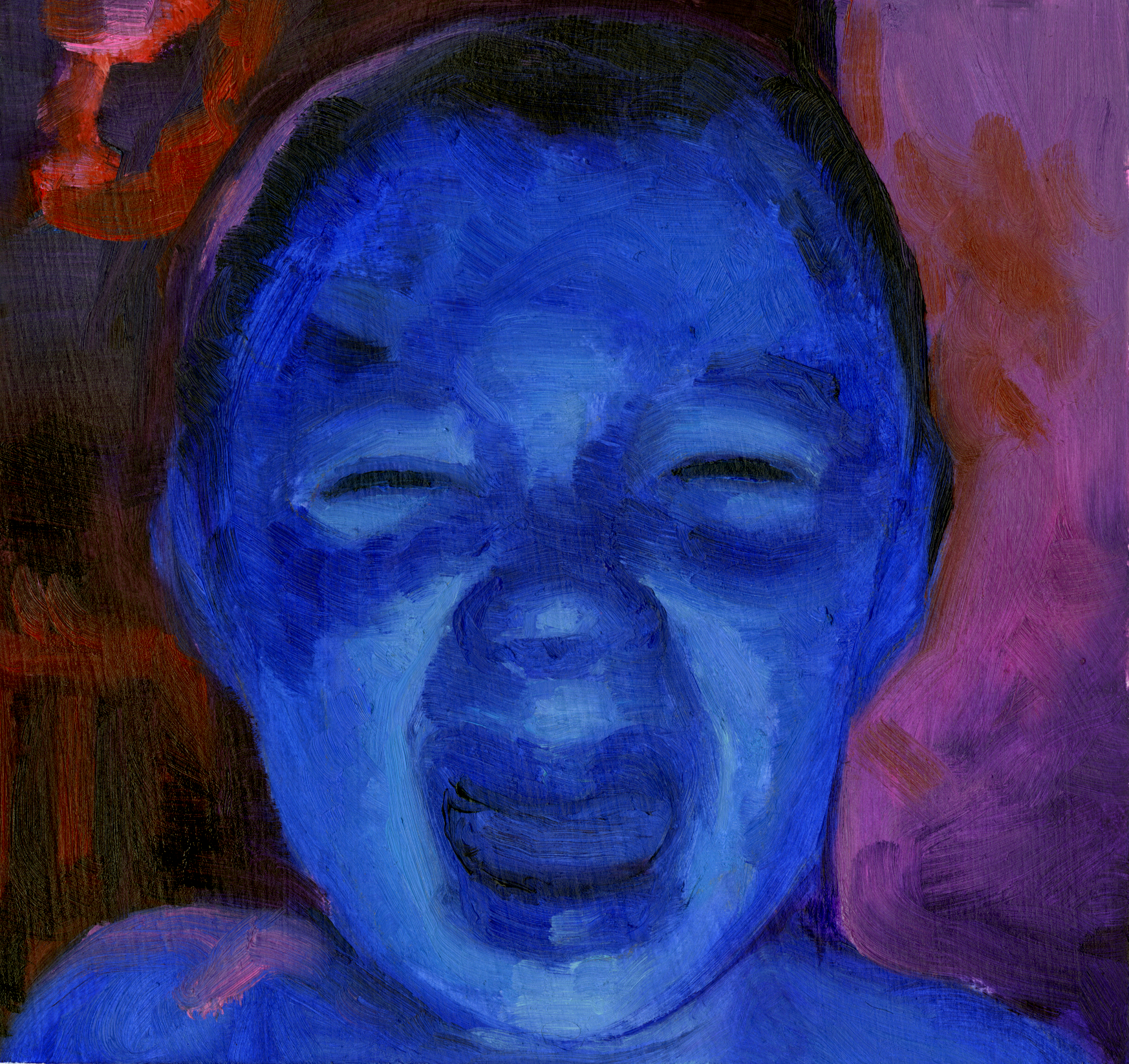 Kid turns blue and dies, oil on paper, 5" x 5", 2023