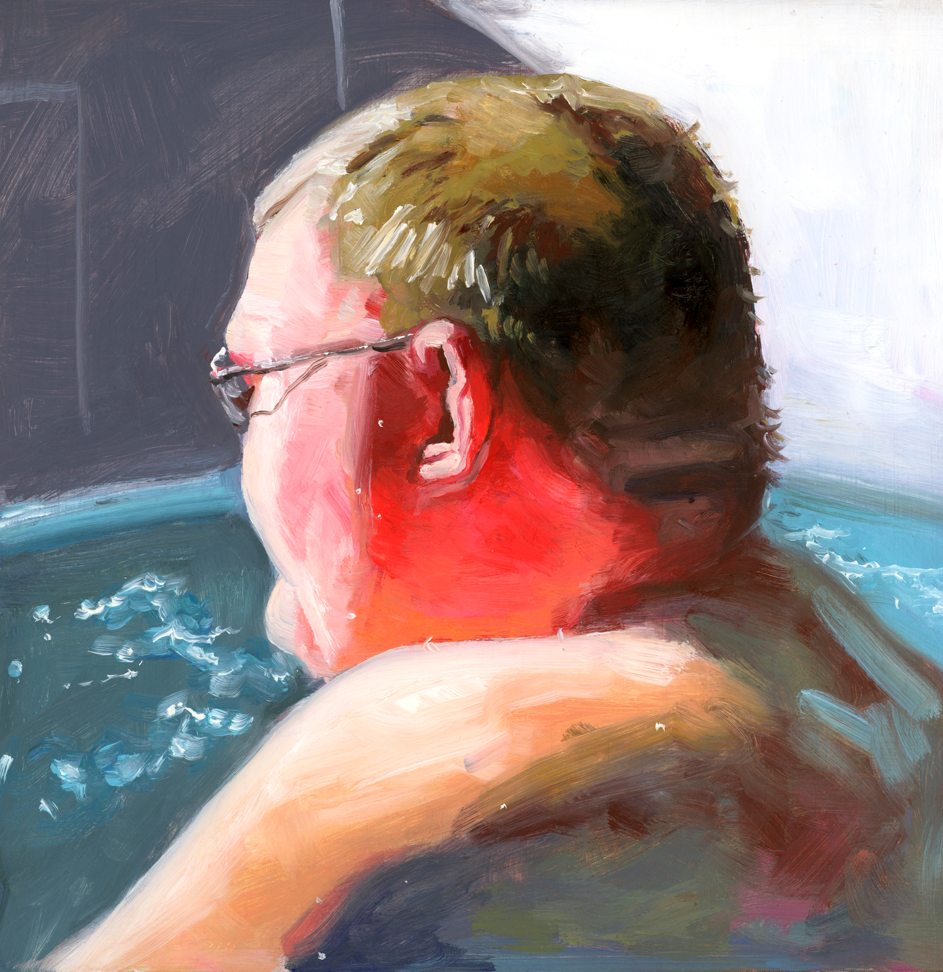 Taking a dip, oil on paper mounted on panel, 8" x 8", 2023