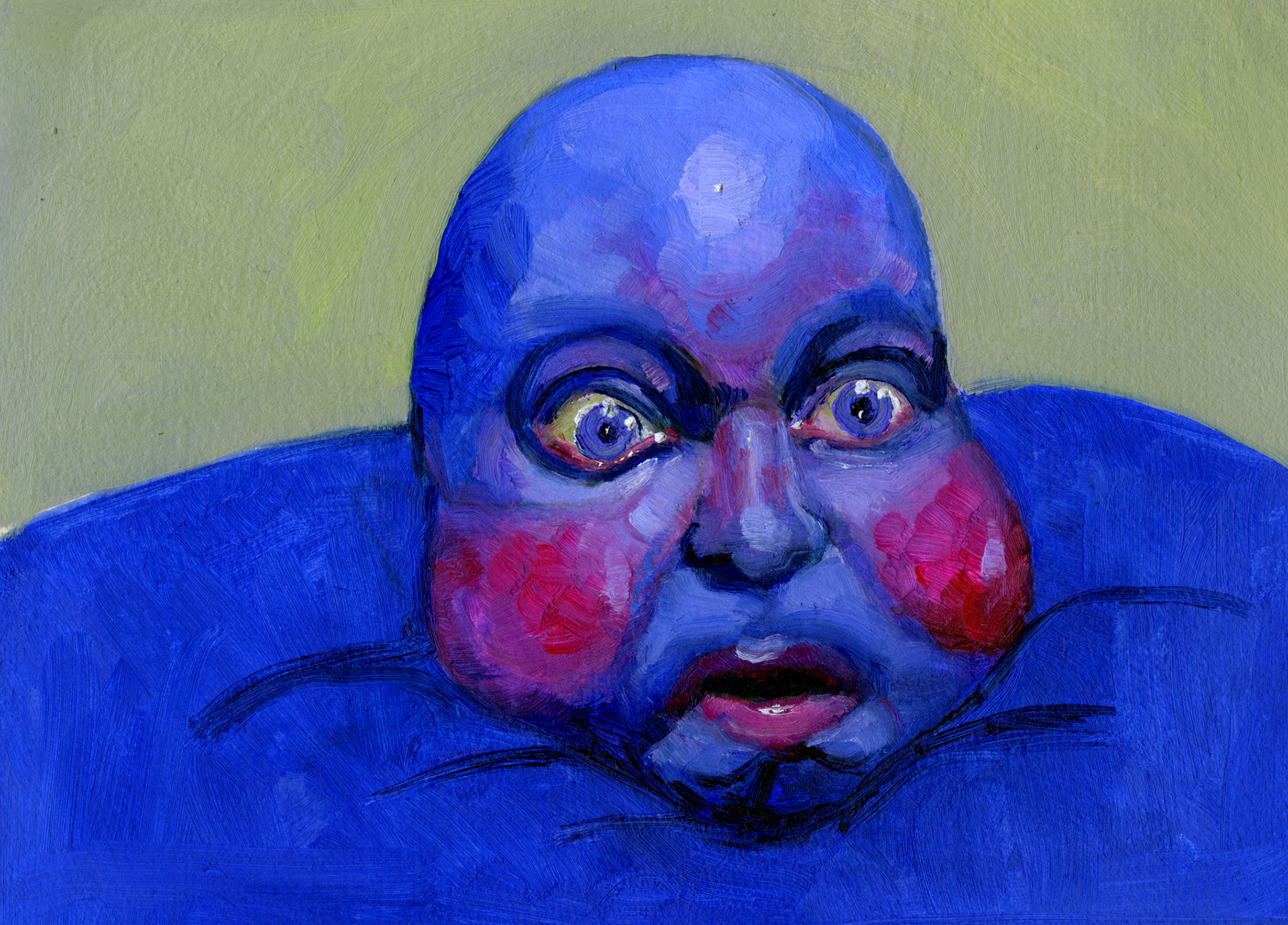 Life or death for berry boy?, oil on paper, 7" x 5", 2023