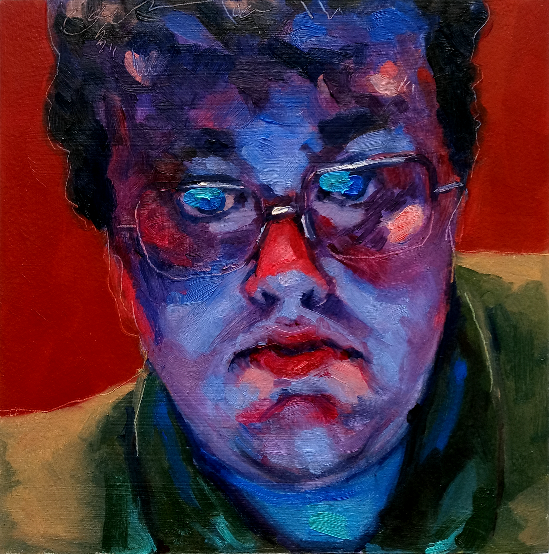On my computer, oil on paper mounted on panel, 8" x 8", 2023