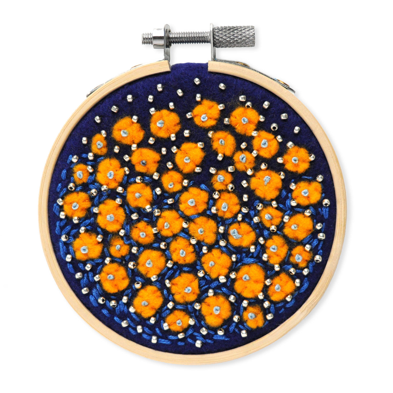 Wondermakers No. 2. 3" Abstract Textile. Felt, Appliqué, Seed Beads, Embroidery Floss, Embroidery Hoop. SOLD