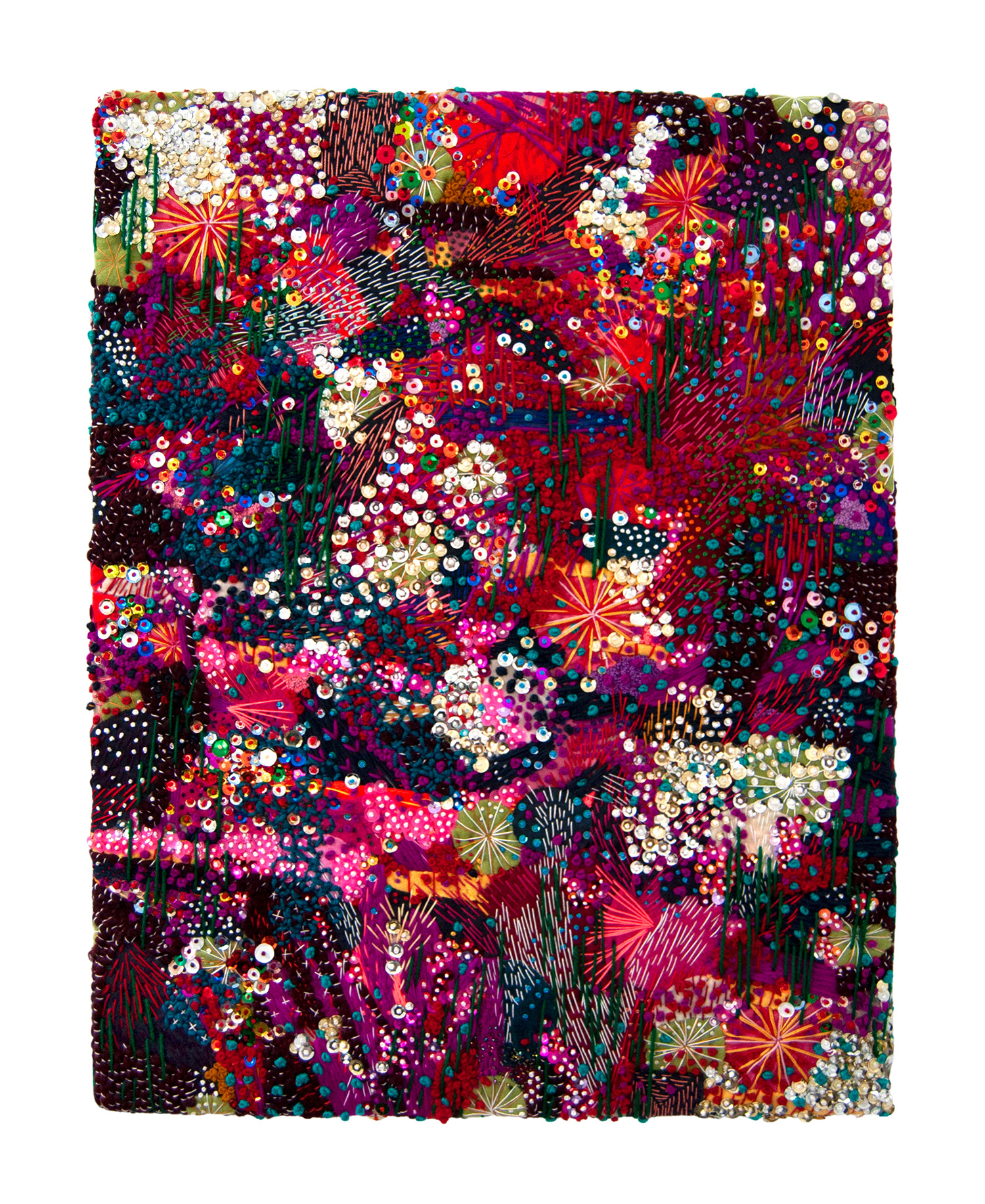 Wondermakers No. 153 | 21.5” x 27.5” Abstract Textile. Felt, and Fleece Appliqué, Embroidery Floss, Sequins, Seed Beads, Yarn, Wood Frame