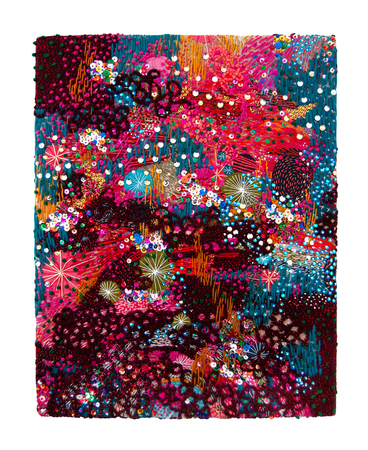 Wondermakers No. 154 | 21.5” x 27.5” x 2.75” Abstract Textile. Felt, Fleece Appliqué, Embroidery Floss, Sequins, Seed Beads, Yarn, Wood Frame