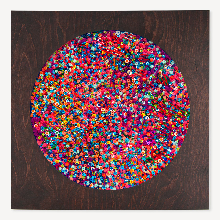 Wondermakers No. 213 | 12” Abstract Textile. Felt, Yarn, Embroidery Floss, Seed Beads, Polymer Clay Beads, Appliqué, Embroidery Hoop, Wood Frame: 14.5” x 14.5” x .75”