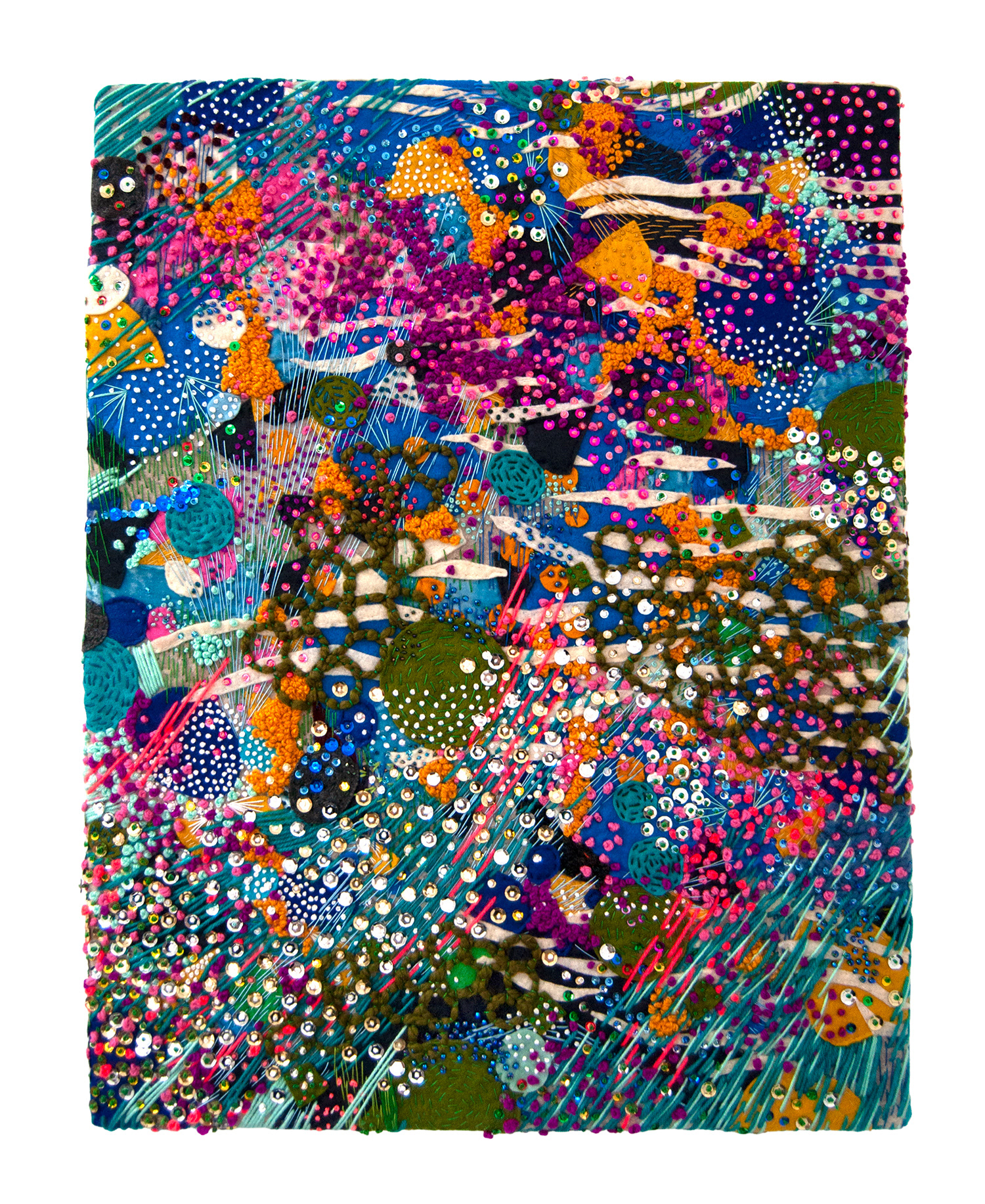 Wondermakers No. 156 | 21.5” x 27.5” Abstract Textile. Felt, and Fleece Appliqué, Embroidery Floss, Sequins, Seed Beads, Yarn, Wood Frame