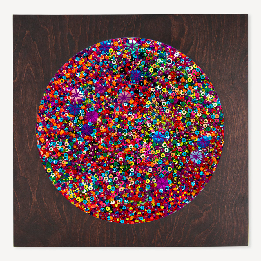 Wondermakers No. 215 | 12” Abstract Textile. Felt, Yarn, Embroidery Floss, Seed Beads, Polymer Clay Beads, Appliqué, Embroidery Hoop, Wood Frame: 14.5” x 14.5” x .75”