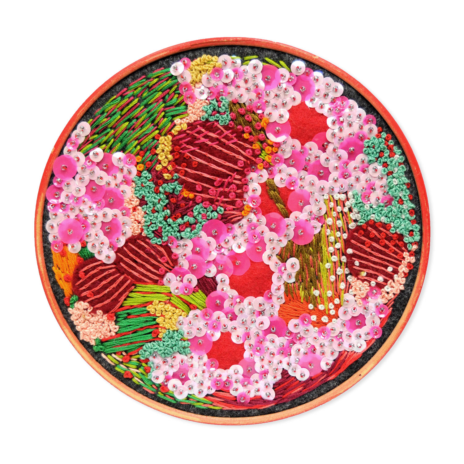 Wondermakers No. 45. 6” Abstract Textile. Felt, Appliqué, Embroidery Floss, Sequins, Seed Beads, Embroidery hoop. SOLD