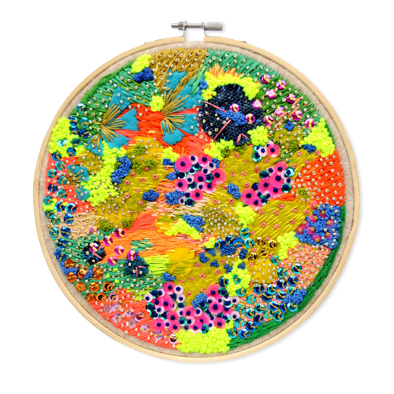 Wondermakers No. 42. 8” Abstract Textile. Felt, Seed Beads, Embroidery Floss, Appliqué, Sequins, Embroidery Hoop. Price on Request. Contact to Purchase.