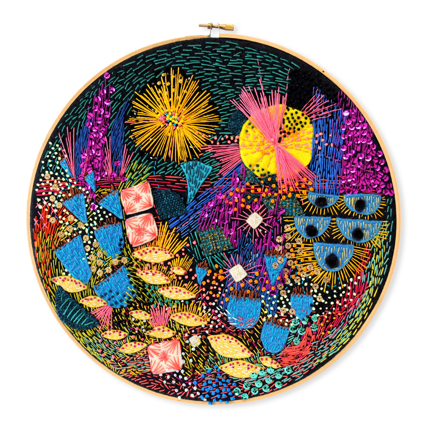 Wondermakers No. 30. 12” Abstract Textile. Felt, Appliqué, Embroidery Floss, Sequins, Seed Beads, Embroidery Hoop. SOLD