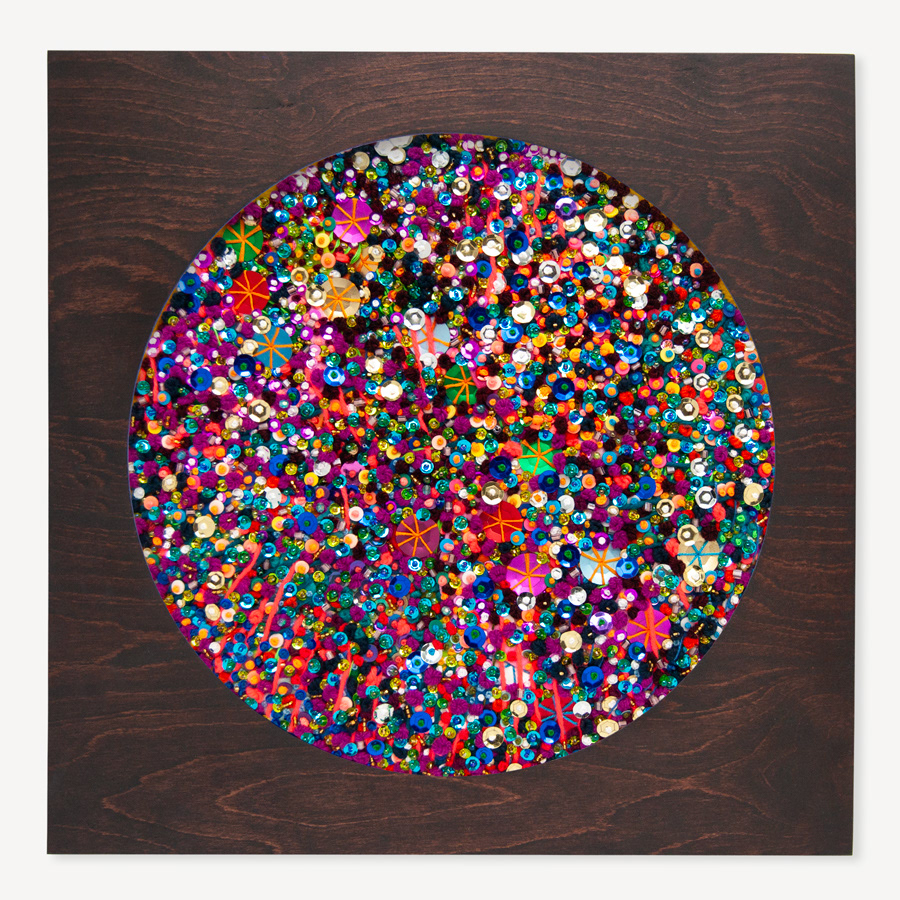 Wondermakers No. 214 | 12” Abstract Textile. Felt, Yarn, Embroidery Floss, Seed Beads, Polymer Clay Beads, Appliqué, Embroidery Hoop, Wood Frame: 14.5” x 14.5” x .75”