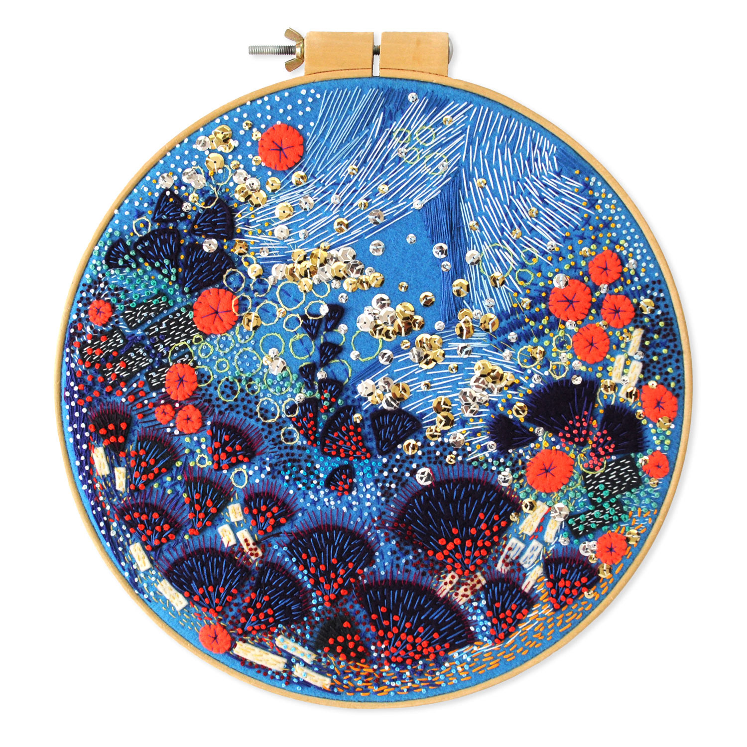 Wondermakers No. 41. 14” Abstract Textile. Felt, Appliqué, Embroidery Floss, Sequins, Embroidery Hoop. SOLD