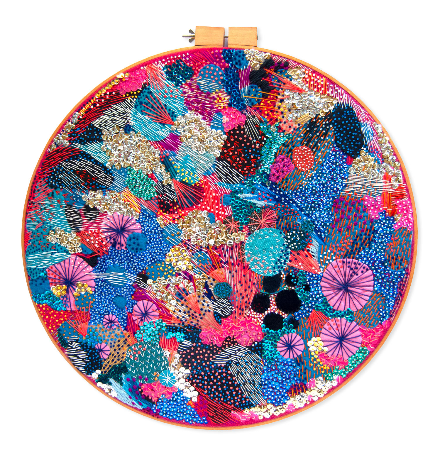 Wondermakers No. 27. 23” Abstract Textile. Felt, Fleece, Embroidery Floss, Appliqué, Sequins, Embroidery Hoop. Price on Request. Contact to Purchase.