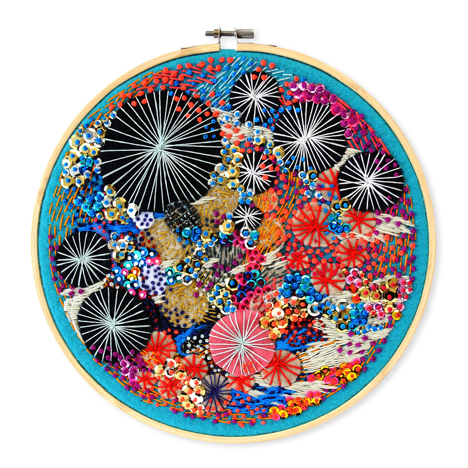 Wondermakers No. 29. 10” Abstract Textile. Felt, Appliqué,Embroidery Floss, Sequins, Embroidery Hoop. SOLD