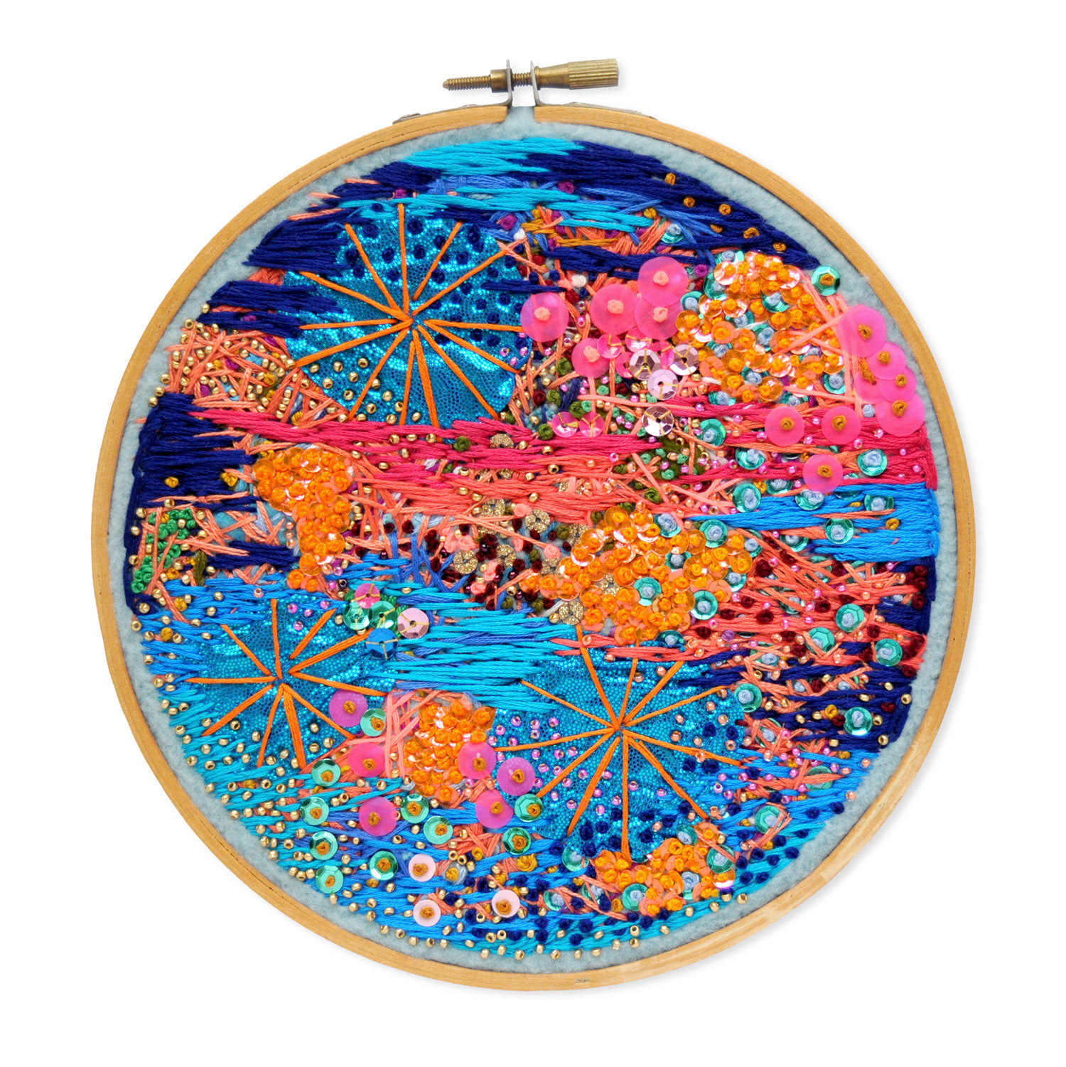 Wondermakers No. 43. 7” Abstract Textile. Felt, Seed Beads, Embroidery Floss, Appliqué, Spandex Appliqué, Sequins, Embroidery Hoop. SOLD