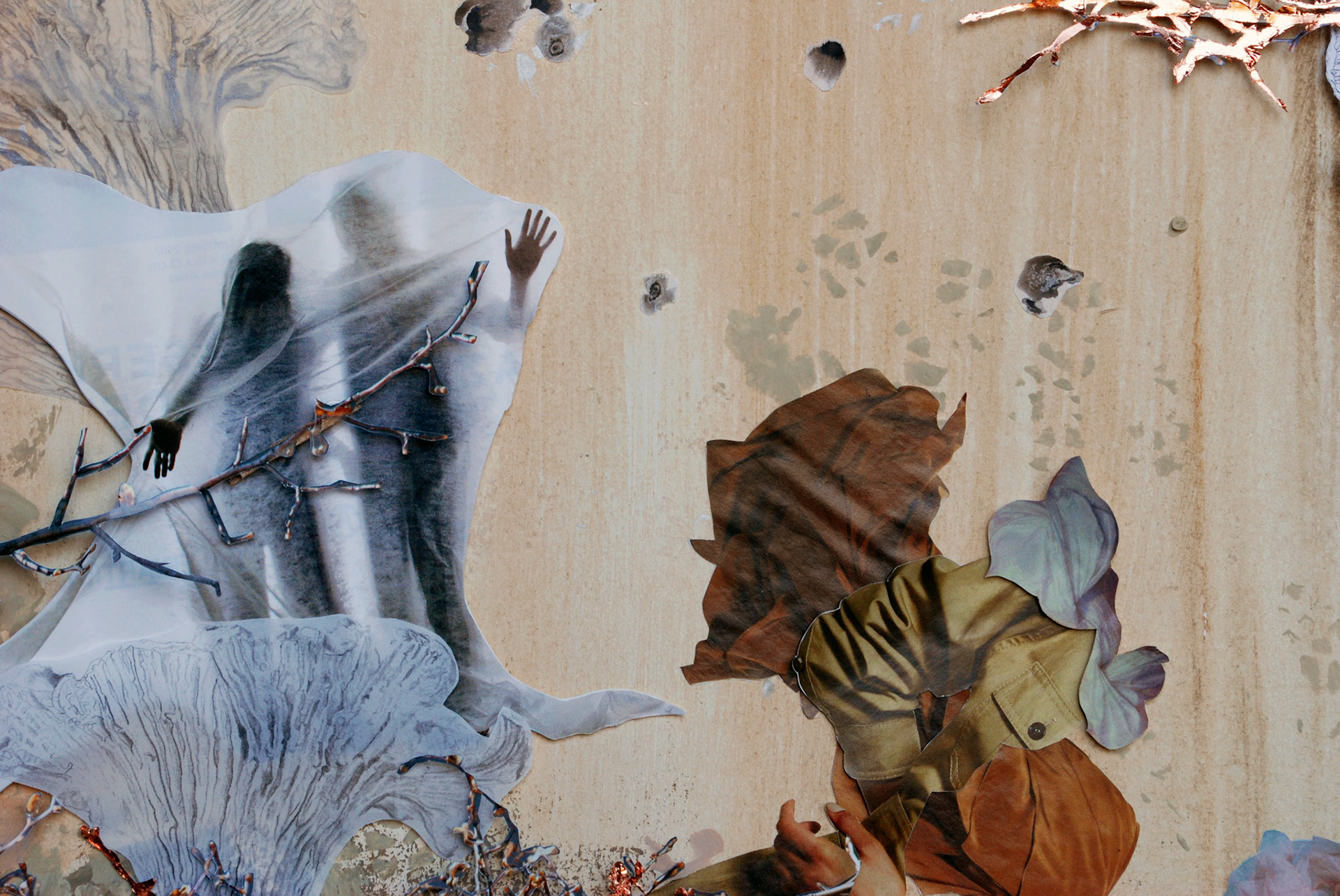 Falling In And Out Of Reality, Acrylic, magazine, charcoal, graphite, gold leaf, 21 x 16 ¼ inches