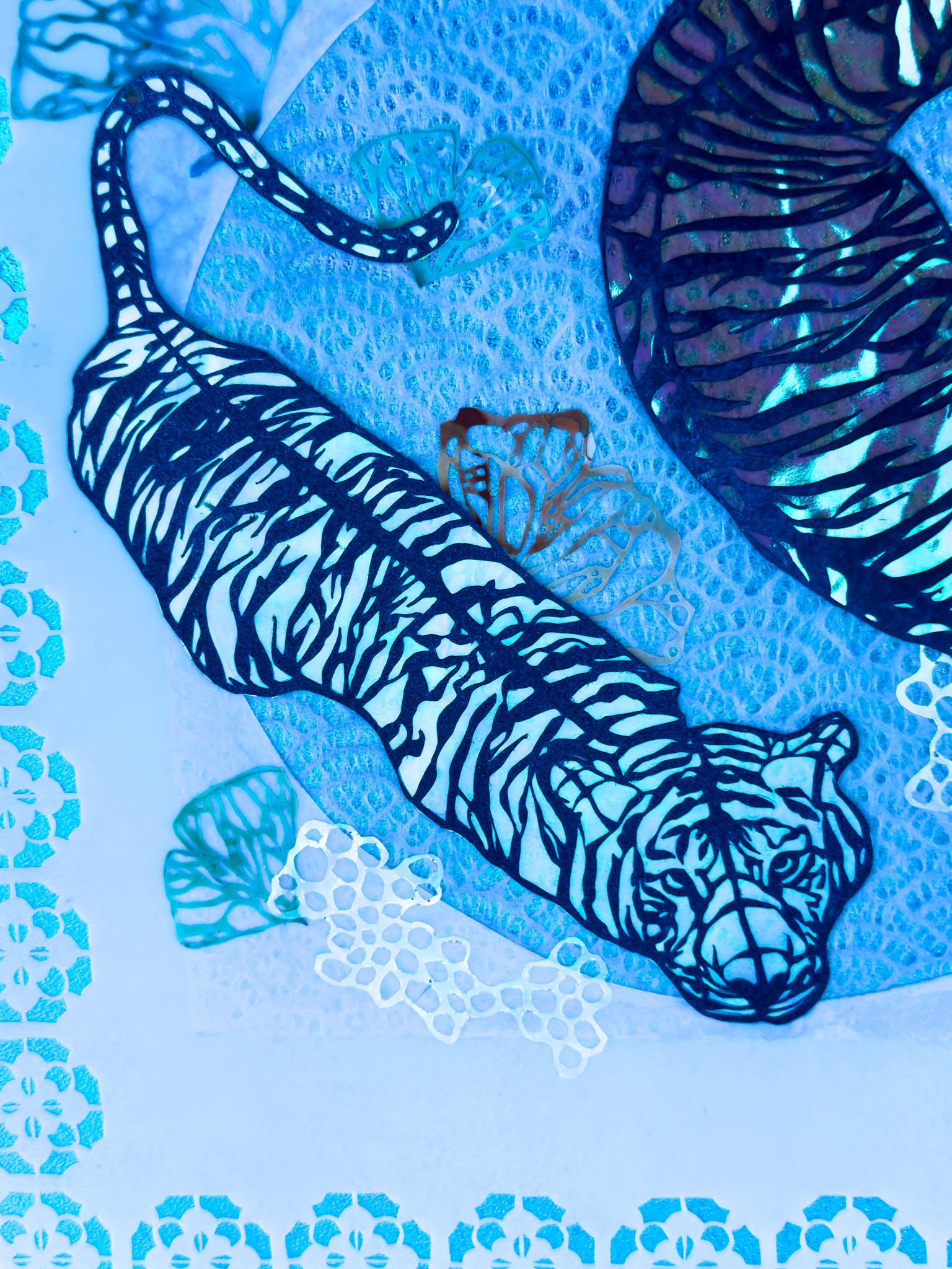 Creatures Under the Moonlit Tide Detail Shot, hand cut paper, dura-lar, cellophane, paper, 14 x 14 inches, 2025