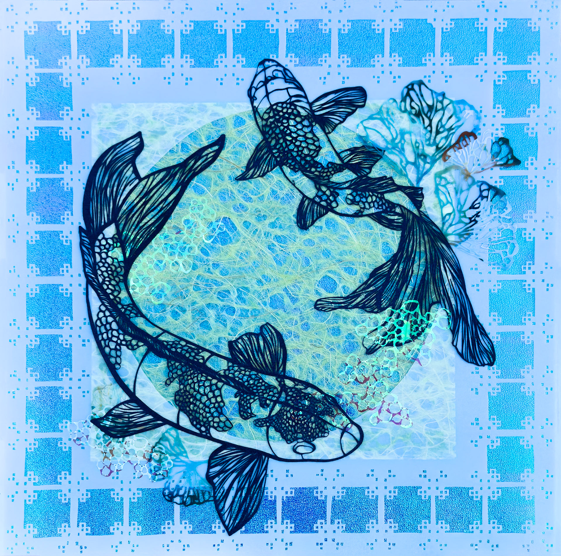 Creatures Under the Moonlit Tide, hand cut paper, dura-lar, cellophane, paper, 14 x 14 inches, 2025