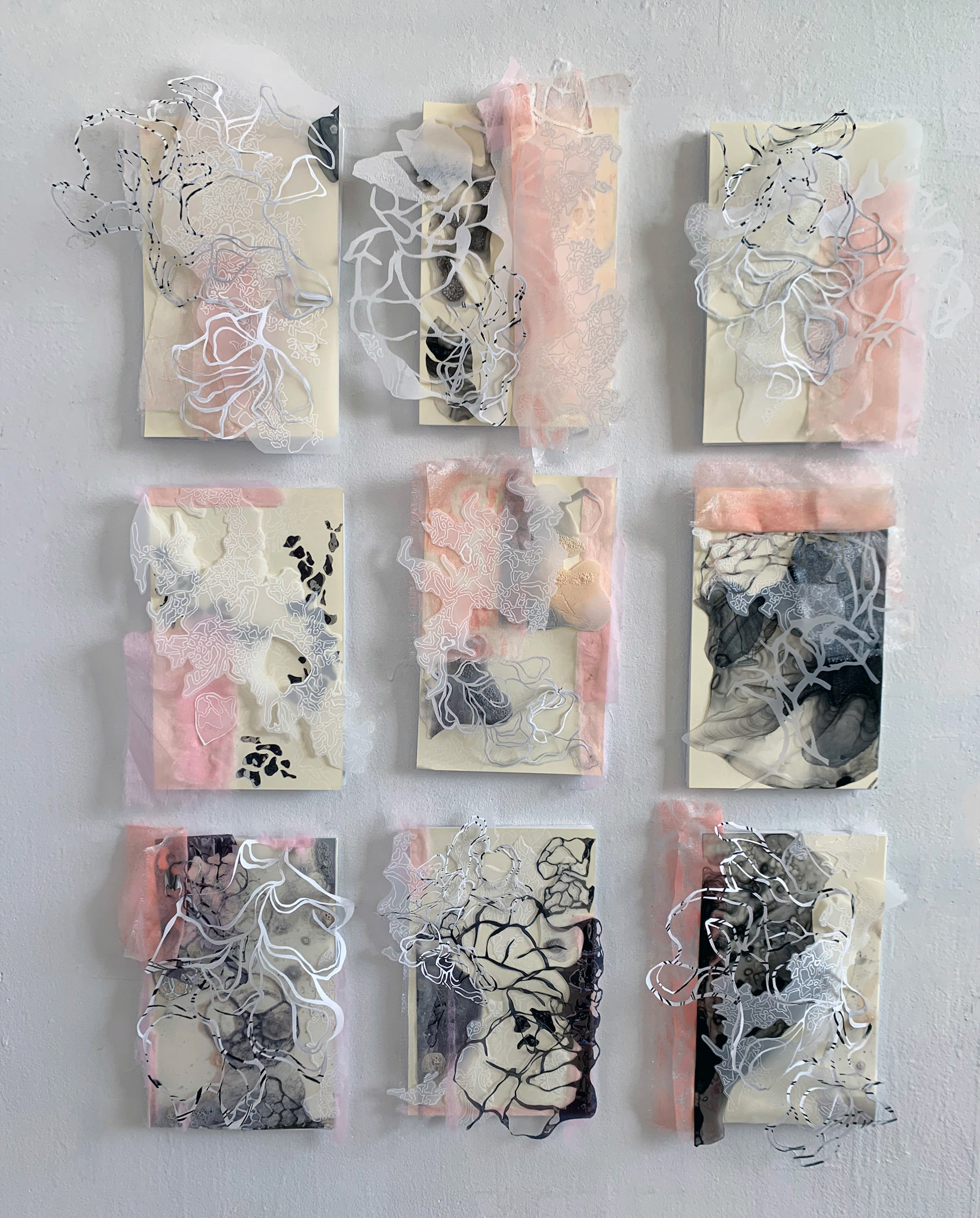 Chasing the Muse , paper, mylar, tule, India ink on MDF panels, dimensions variable (9 x 4.5 inches each rectangle)