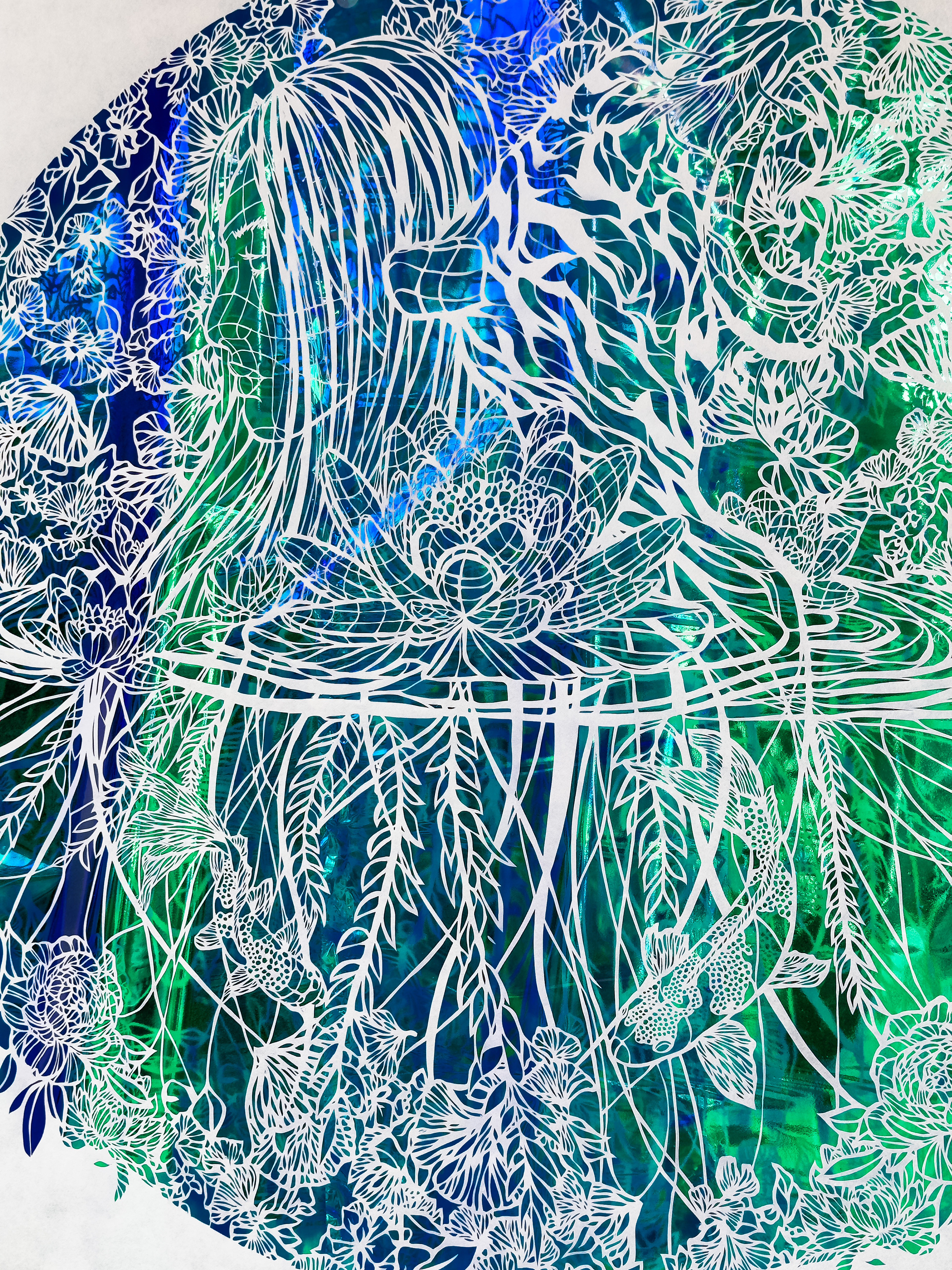 Detail Shot As Above So Below, hand cut Kozo with cellophane, 40 x 40 inches, 2025