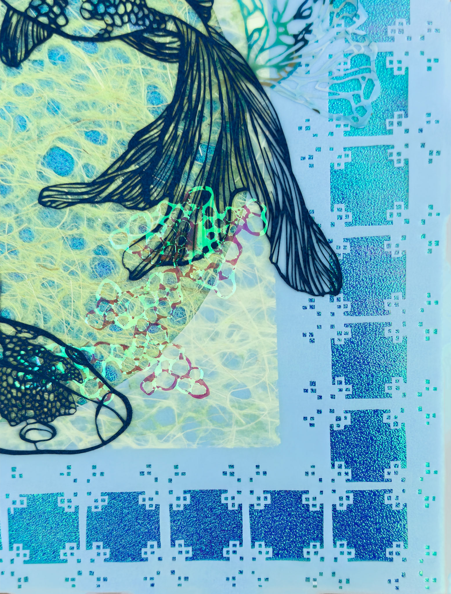 Creatures Under the Moonlit Tide Detail Shot, hand cut paper, dura-lar, cellophane, paper, 14 x 14 inches, 2025