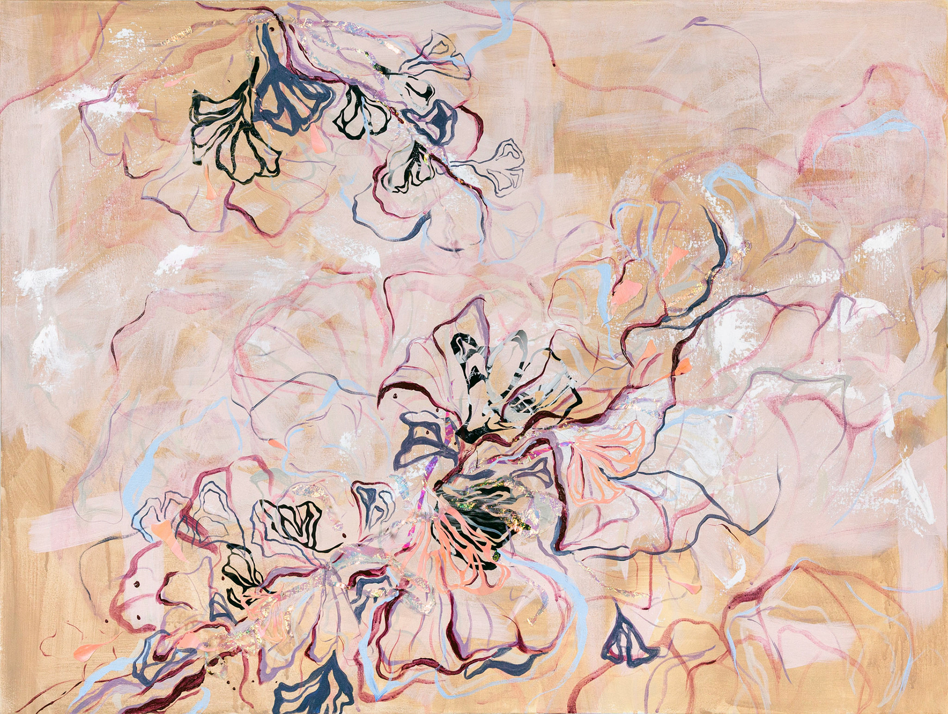 To Love is to (G)Listen, Acrylic, Cellophane, Paper, and Charcoal on Canvas, 36 x 48 inches