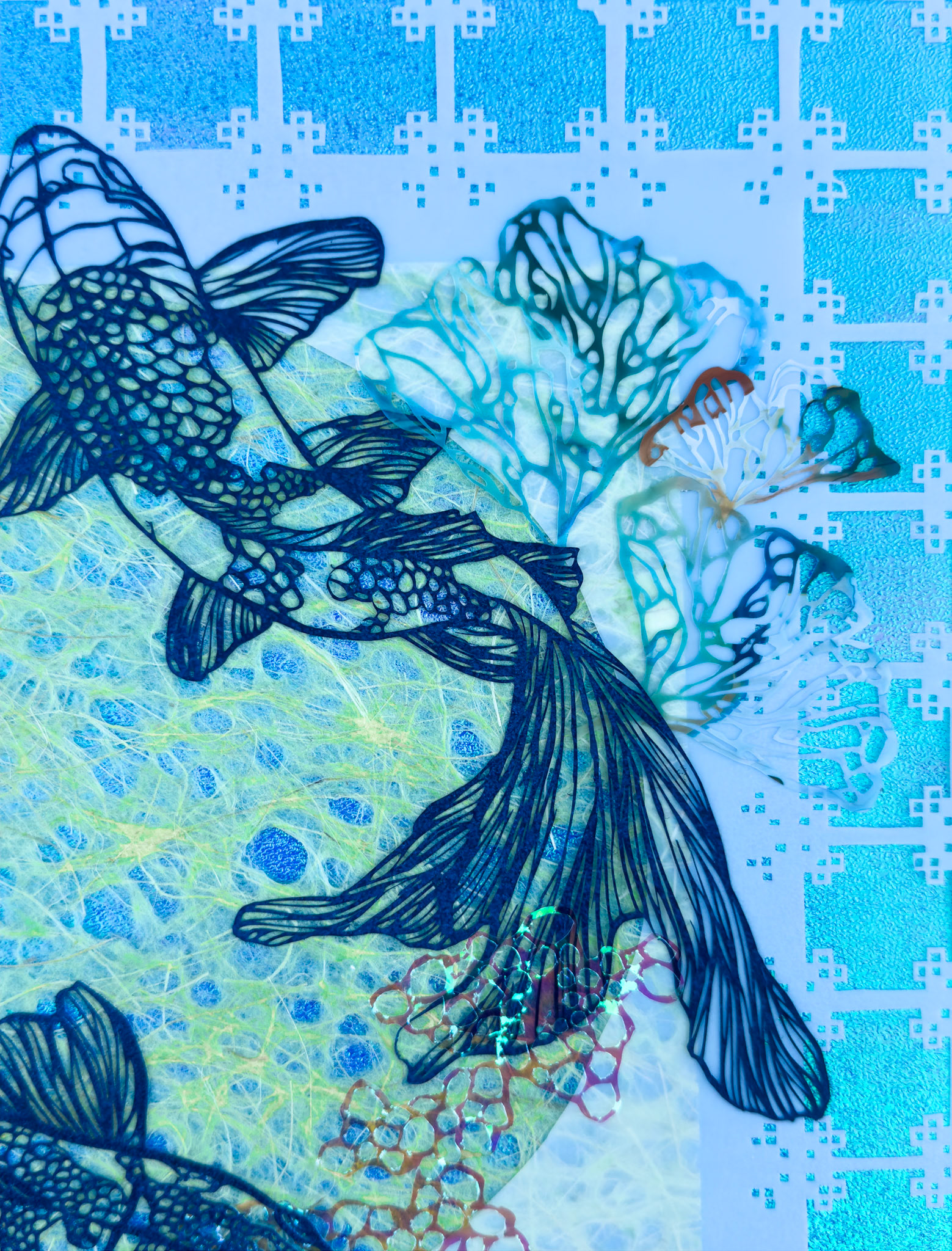 Creatures Under the Moonlit Tide Detail Shot, hand cut paper, dura-lar, cellophane, paper, 14 x 14 inches, 2025