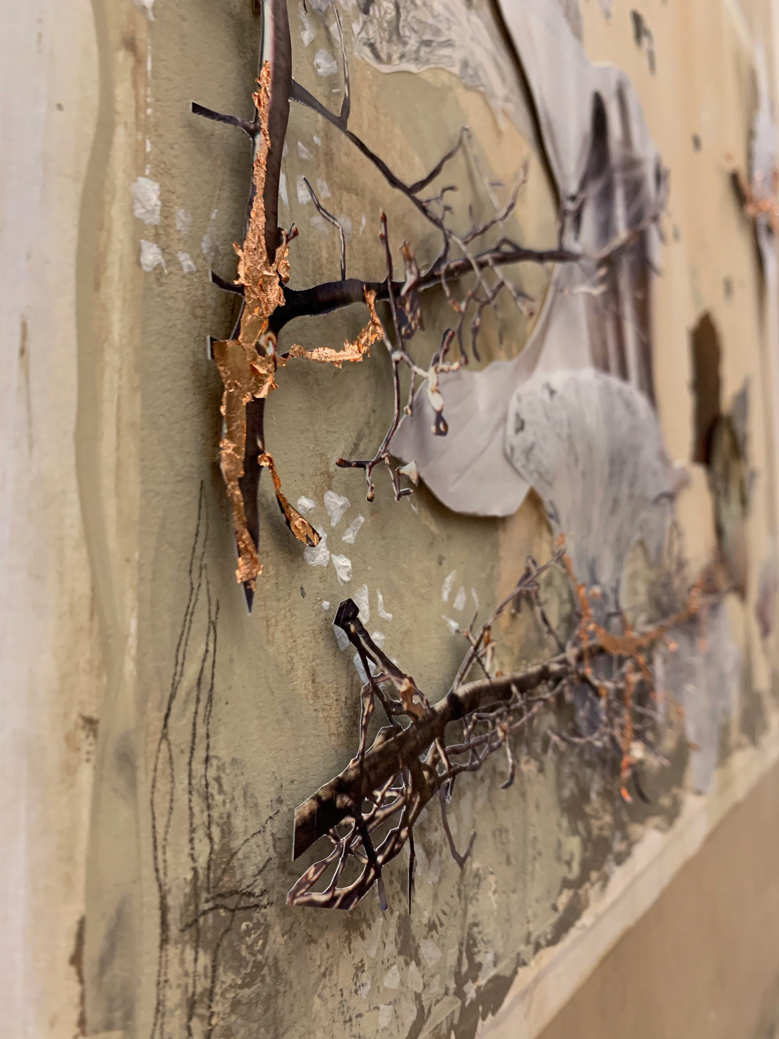 Falling In And Out Of Reality, Acrylic, magazine, charcoal, graphite, gold leaf, 21 x 16 ¼ inches