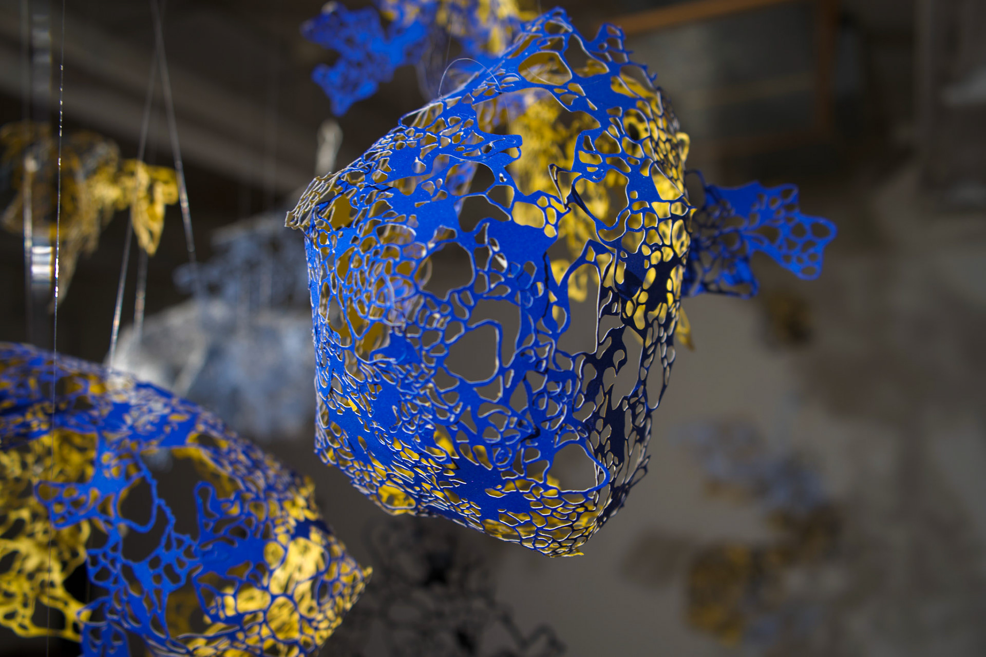 Shape Shifting Detail Shot, paper, acrylic, monofilament, dimensions variable