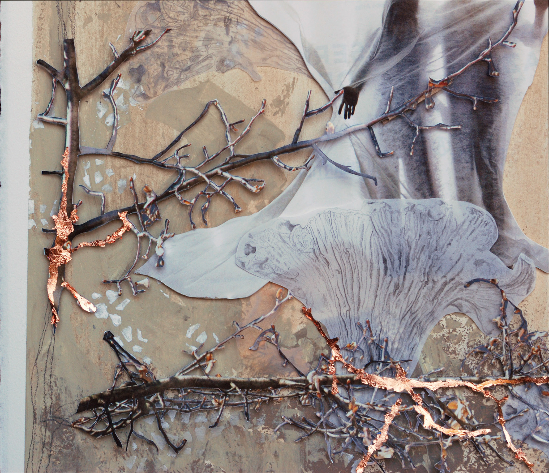 Falling In And Out Of Reality, Acrylic, magazine, charcoal, graphite, gold leaf, 21 x 16 ¼ inches