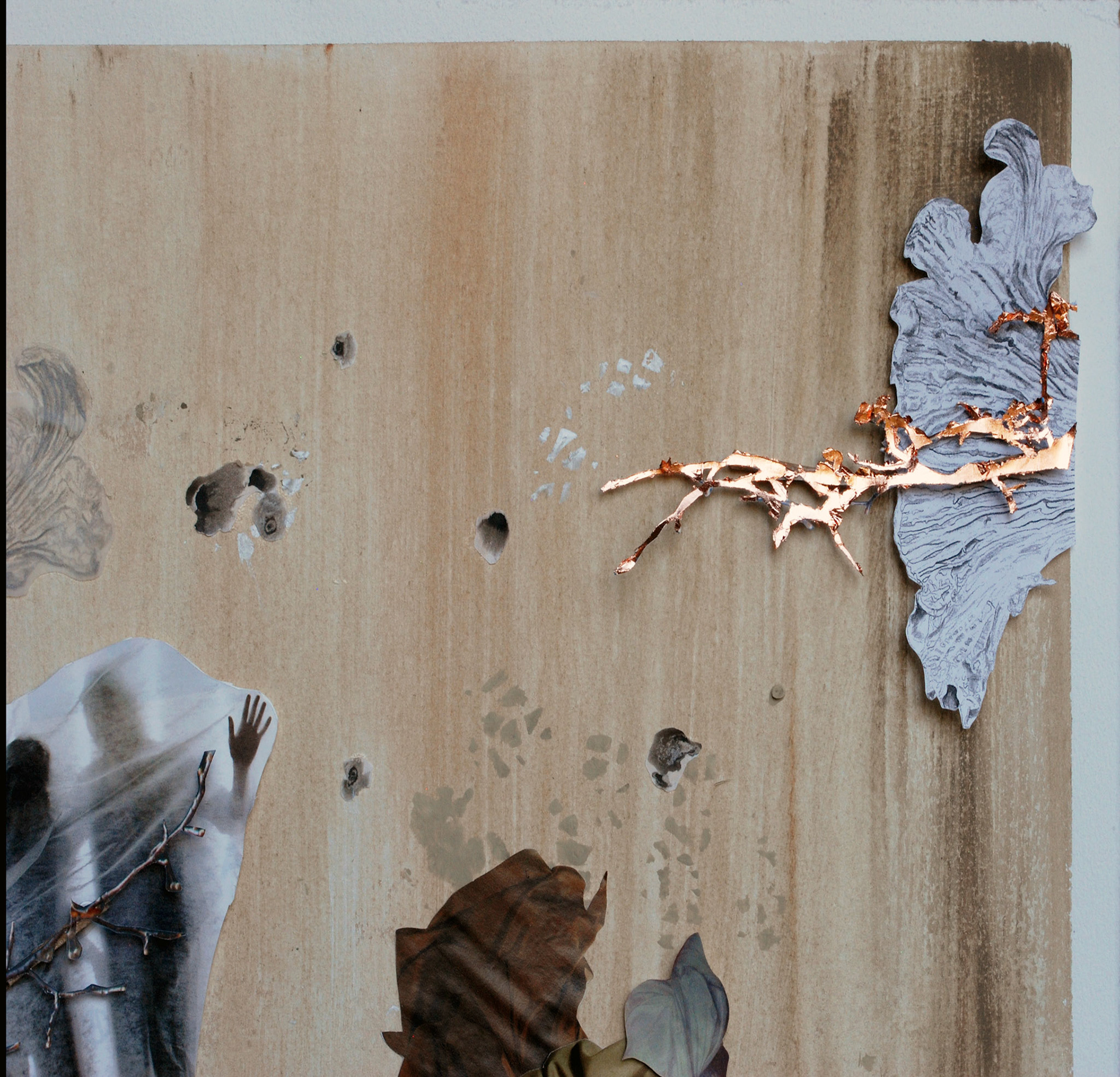 Falling In And Out Of Reality, Acrylic, magazine, charcoal, graphite, gold leaf, 21 x 16 ¼ inches