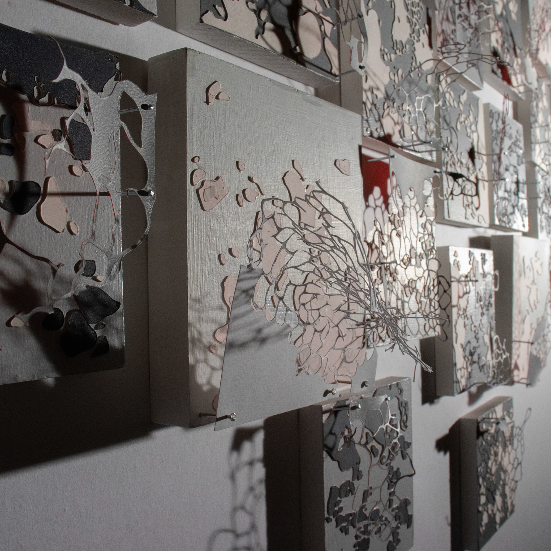 Low Tide, paper, acrylic on mdf, each square is 4 x 4 inches, dimensions variable